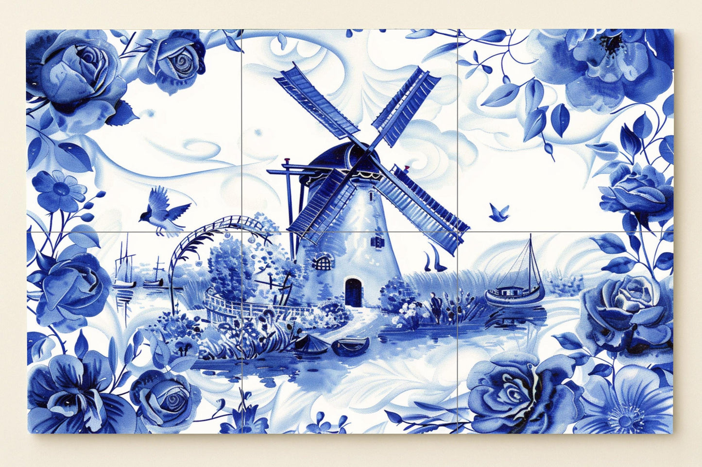 Mural de azulejos de molino de viento holandés