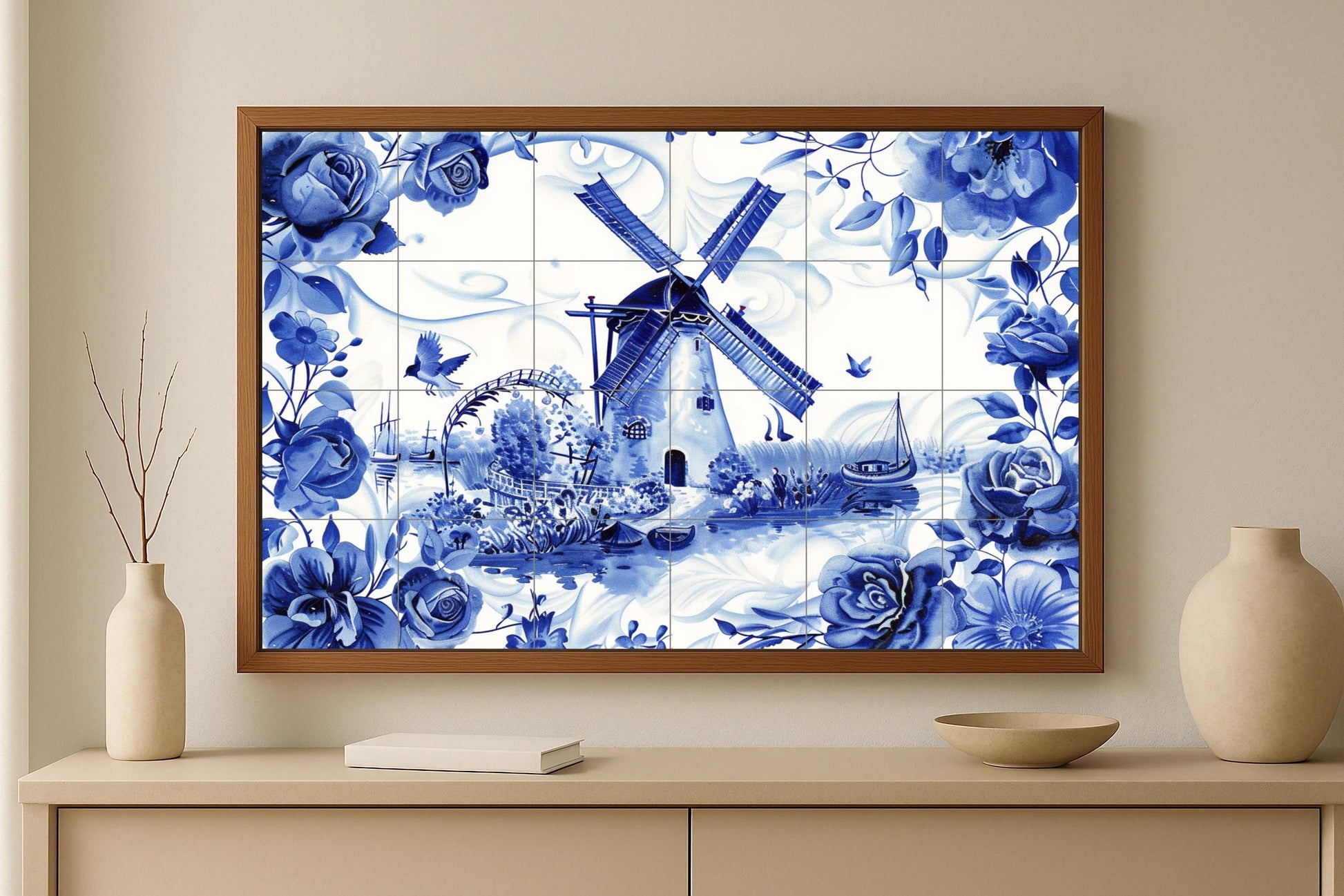 Mural de azulejos de molino de viento holandés