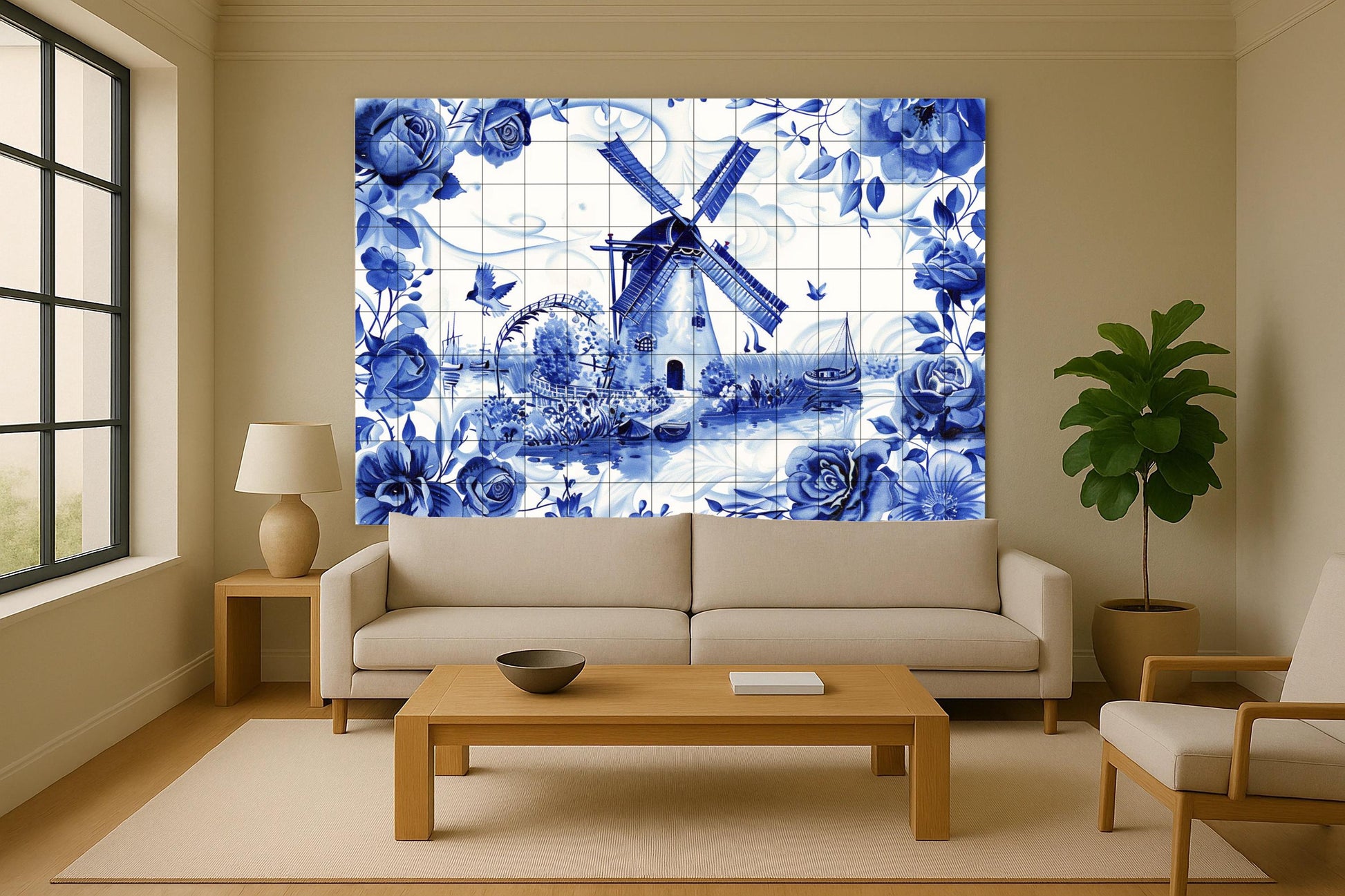 Mural de azulejos de molino de viento holandés