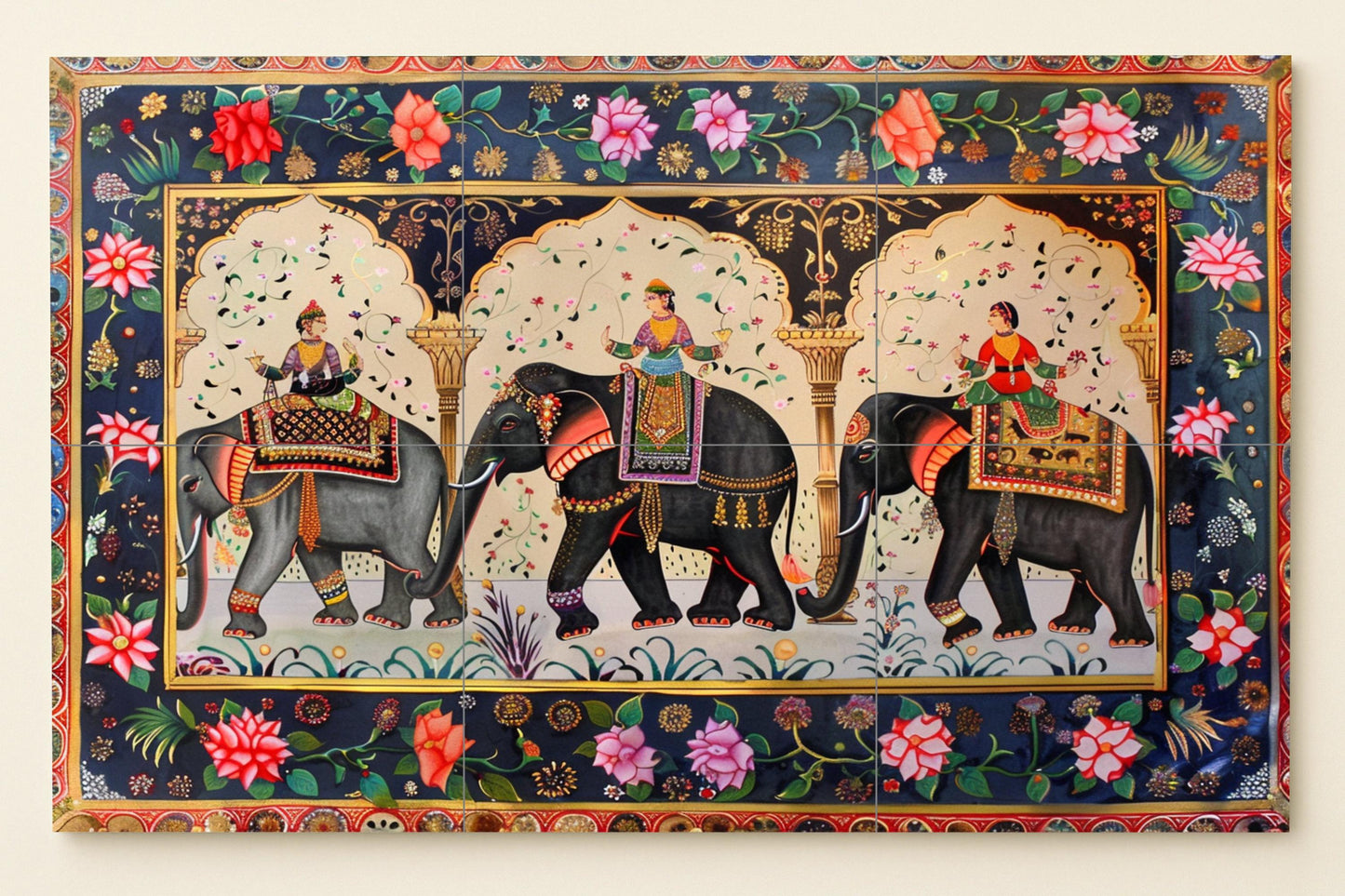 Mural de azulejos con procesión de elefantes mogoles