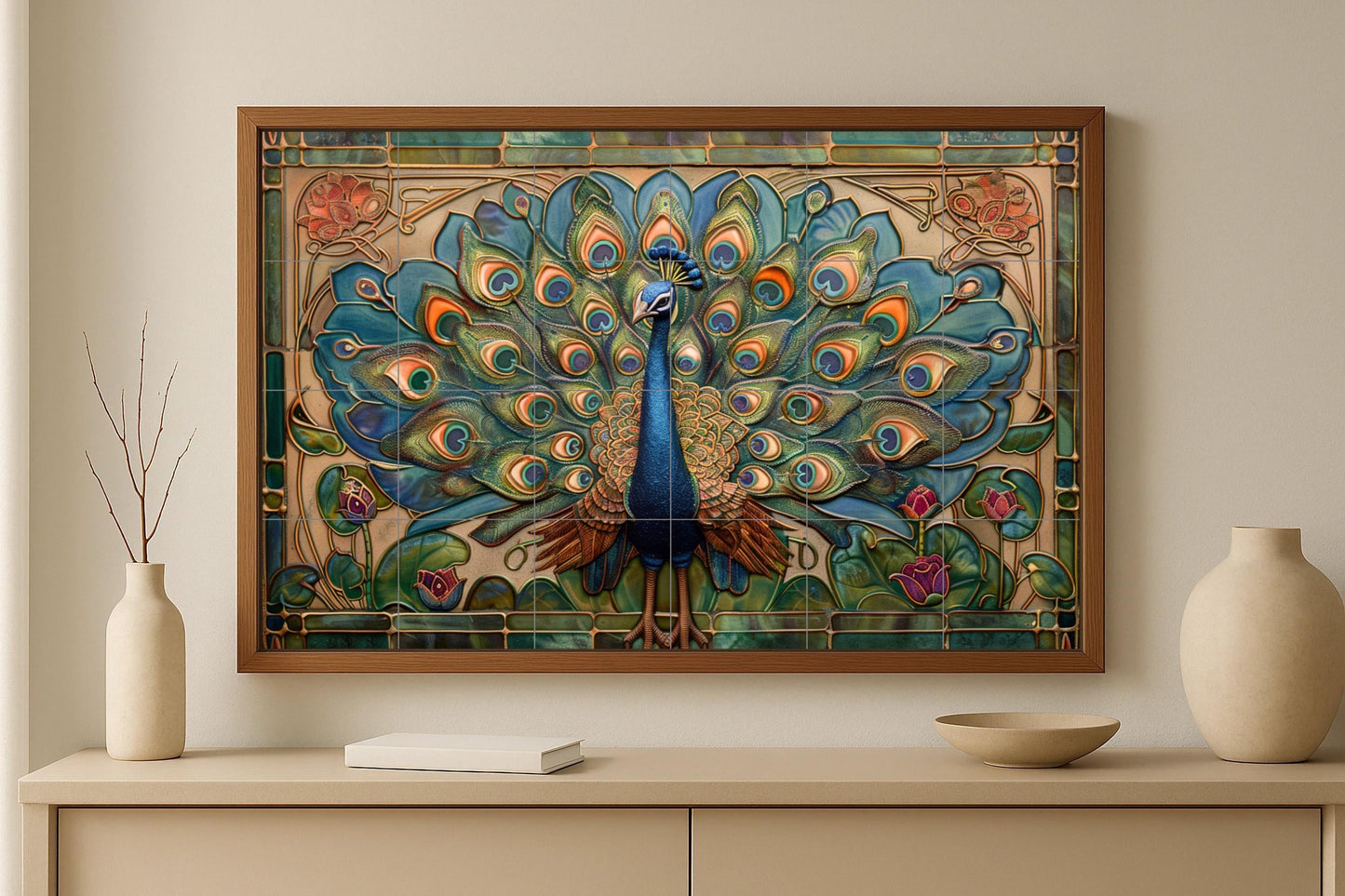 Pavone Art Nouveau — Murale in Piastrelle di Ceramica · Murale di Uccelli e Animali