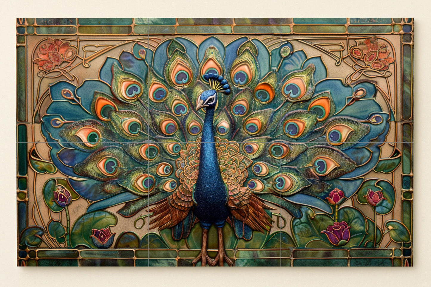 Pavone Art Nouveau — Murale in Piastrelle di Ceramica · Murale di Uccelli e Animali