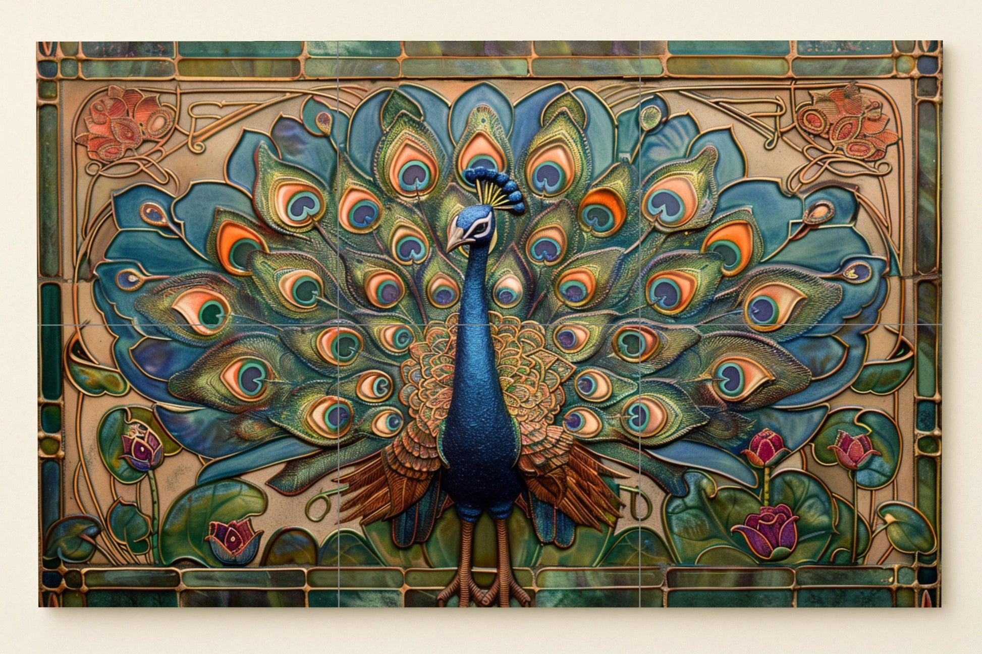 Pavone Art Nouveau — Murale in Piastrelle di Ceramica · Murale di Uccelli e Animali