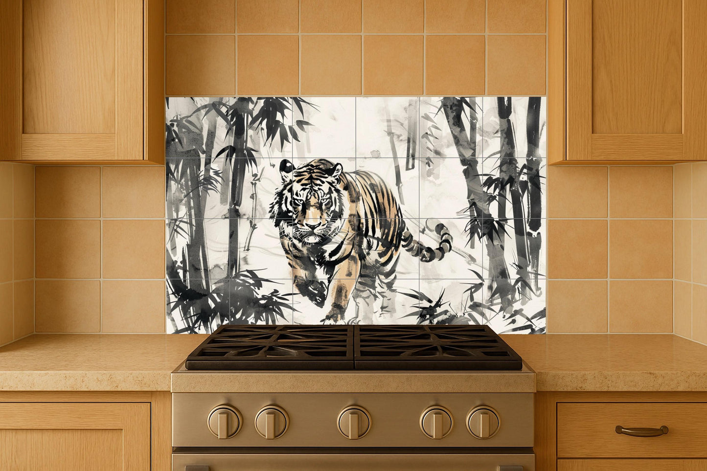 Mural de azulejos de tigre con lavado de tinta