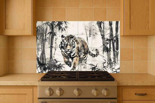 Ceramic Tile Mural: Tigre con lavado de tinta — Nature Wall Art