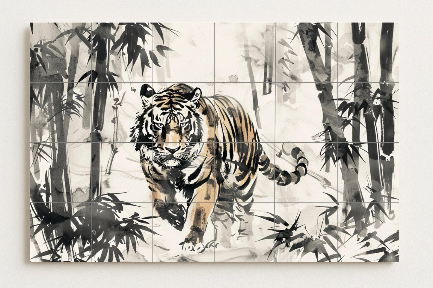 Mural de azulejos de tigre con lavado de tinta