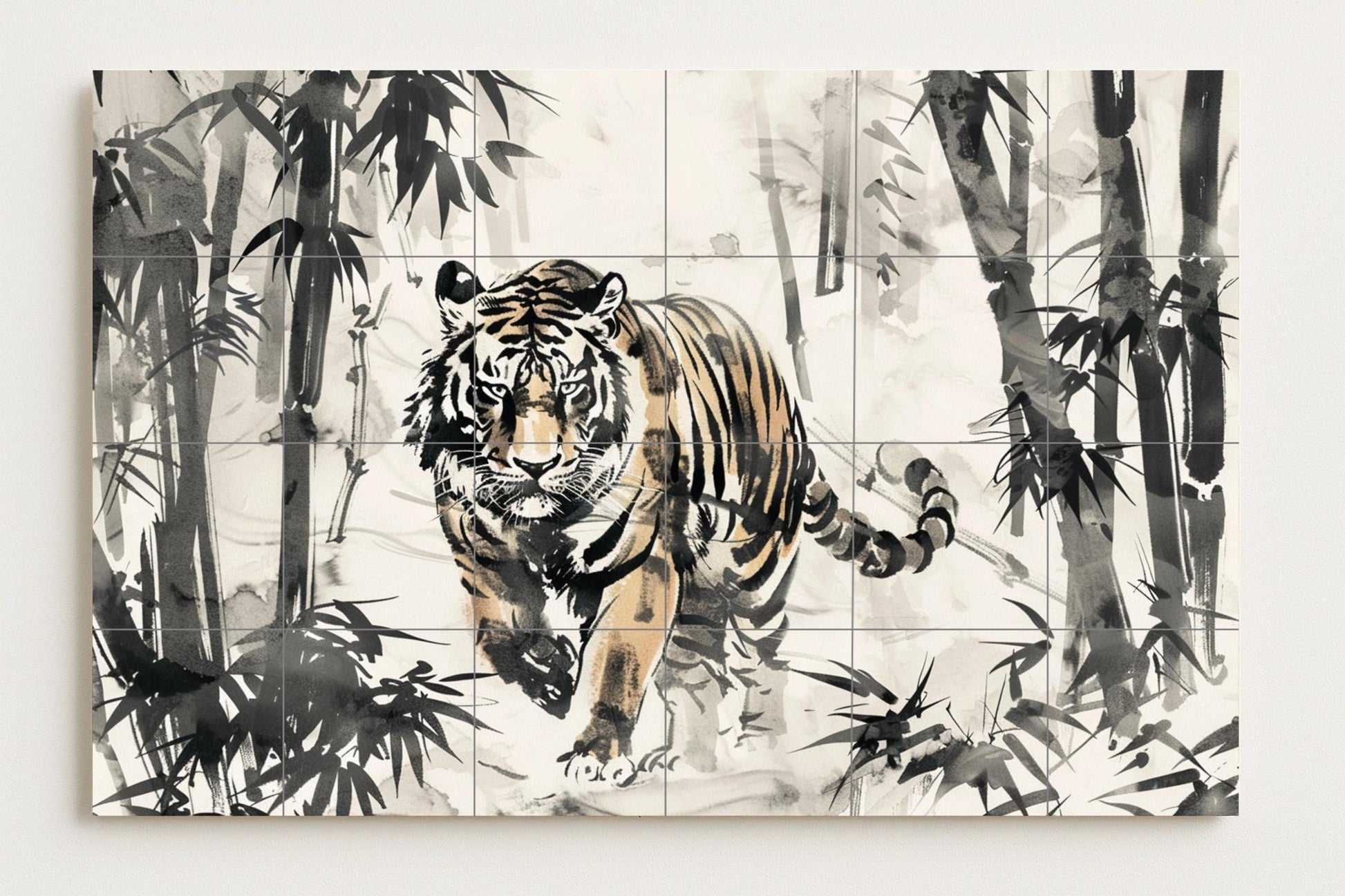 Mural de azulejos de tigre con lavado de tinta