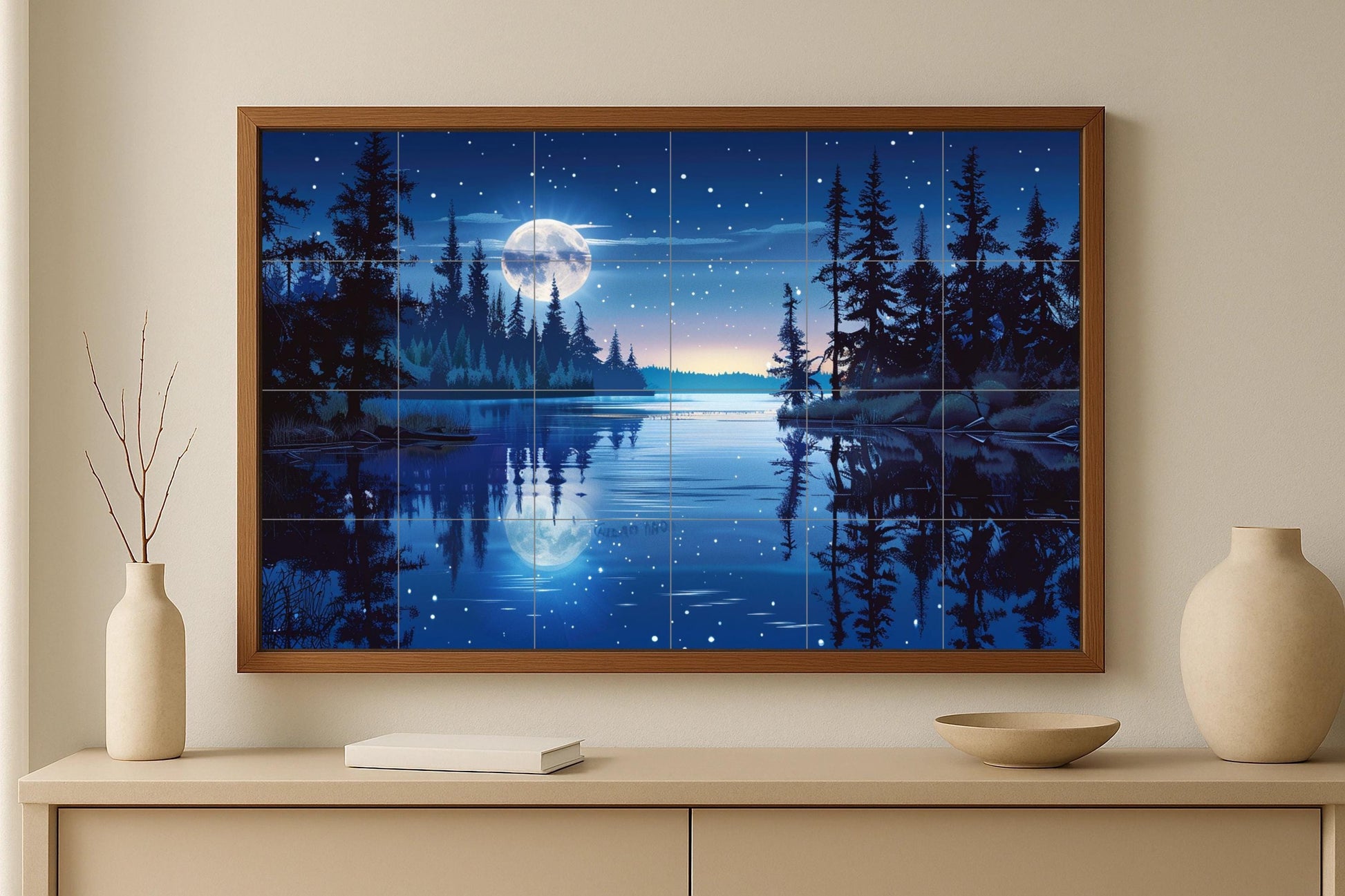 Mural de azulejos con lago y bosque iluminado por la luna