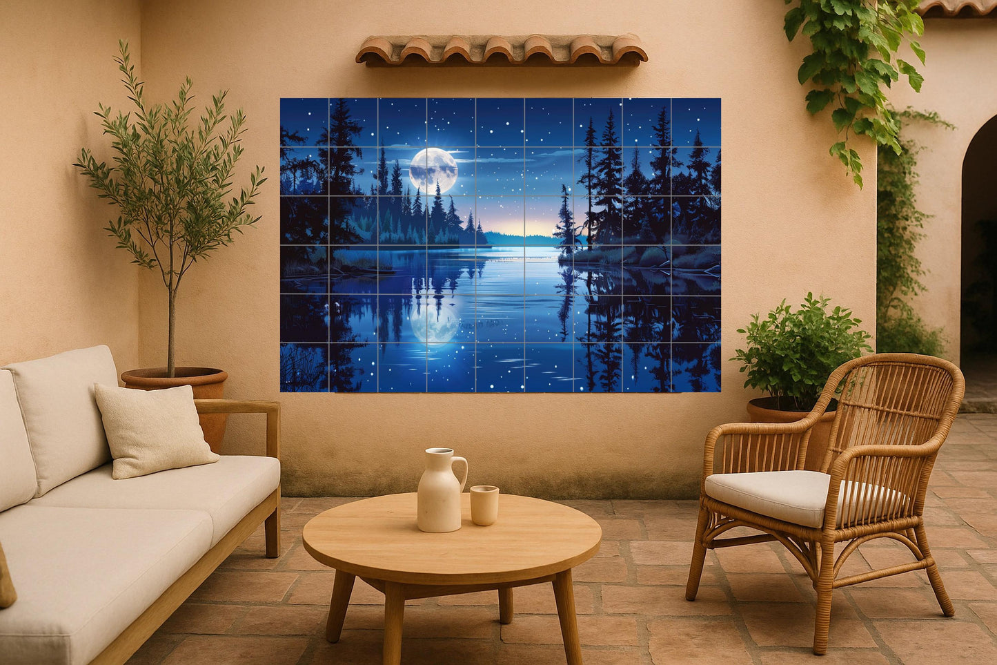 Mural de azulejos con lago y bosque iluminado por la luna