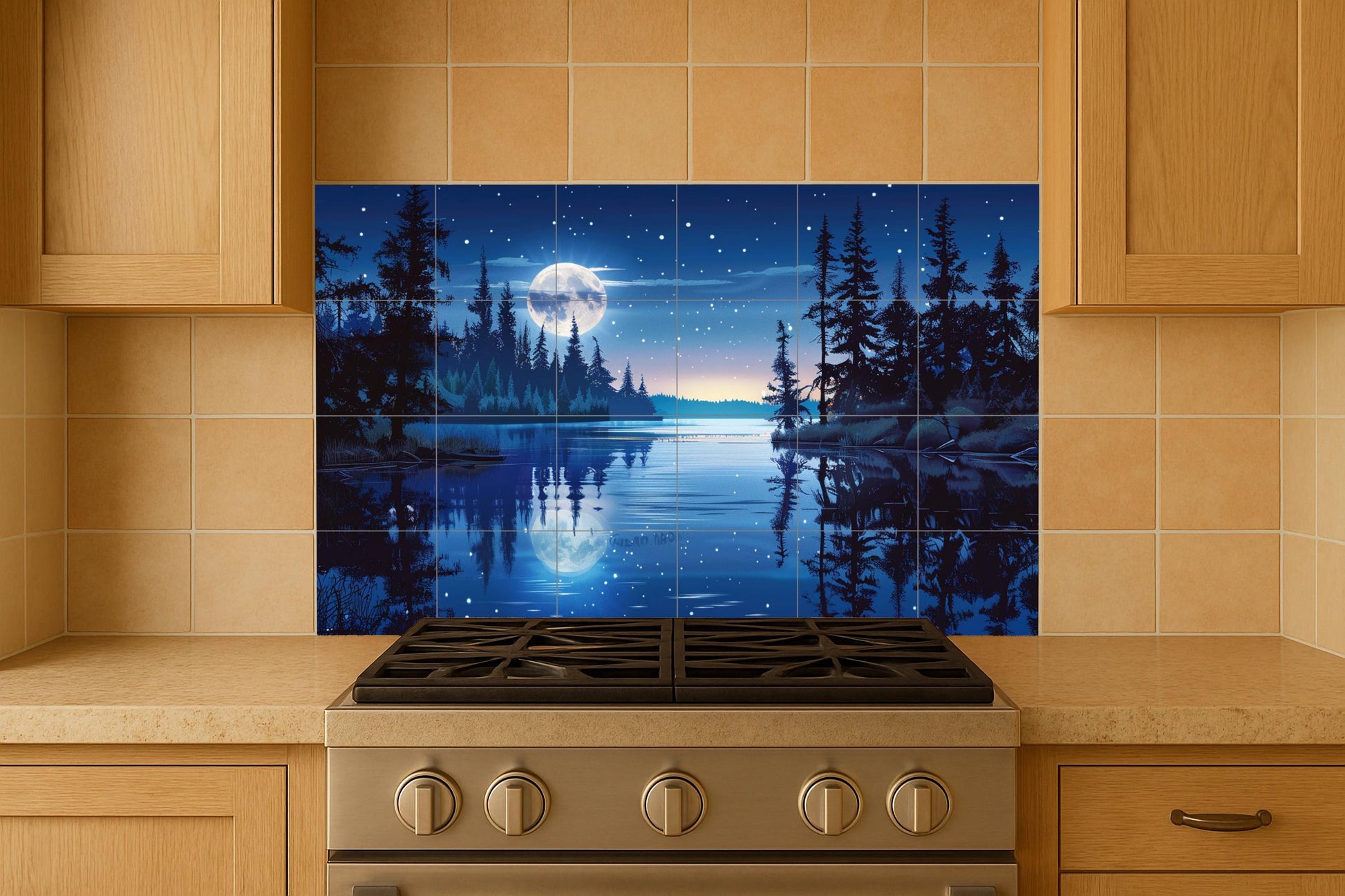 Mural de azulejos con lago y bosque iluminado por la luna
