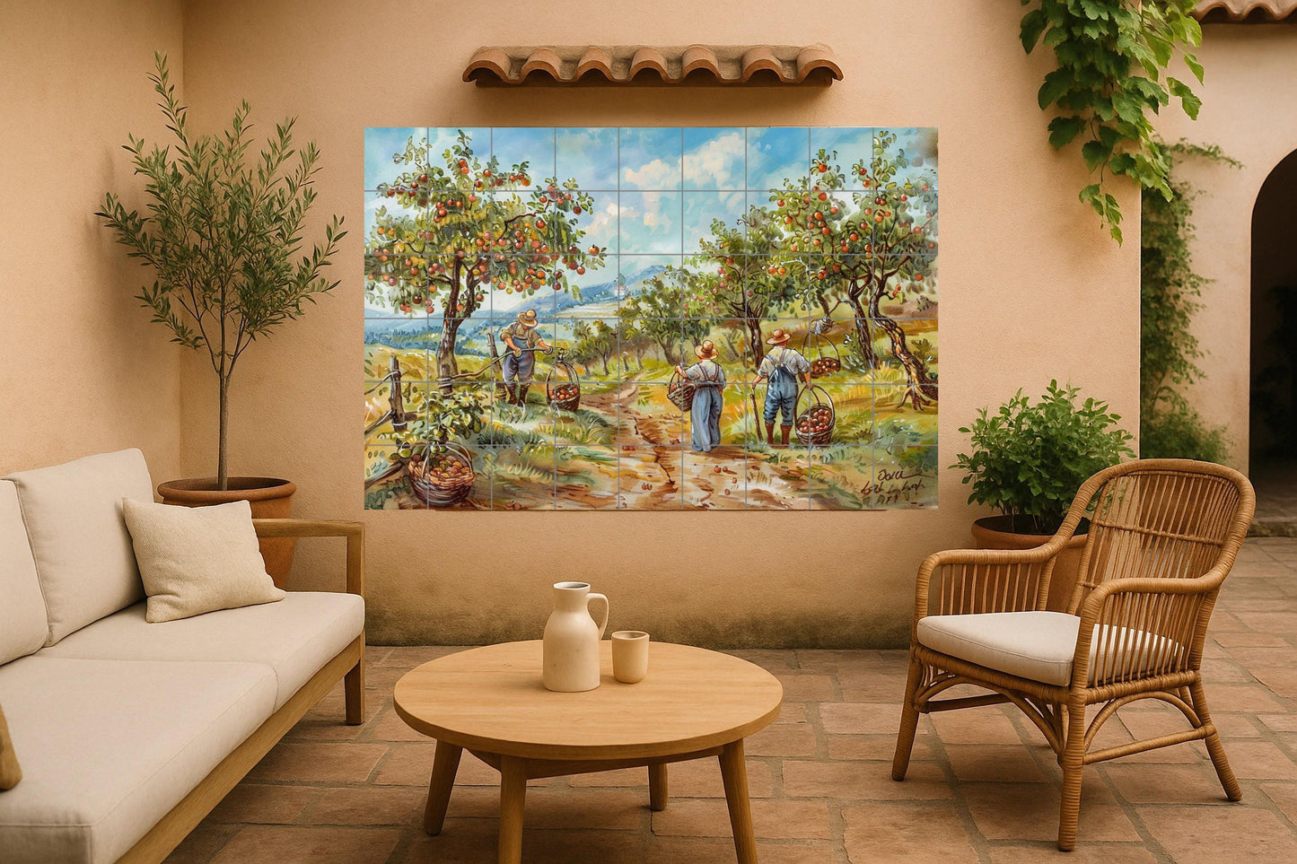 Huerto tirolés · Fresque Céramique — Scène de Cuisine et Campagne