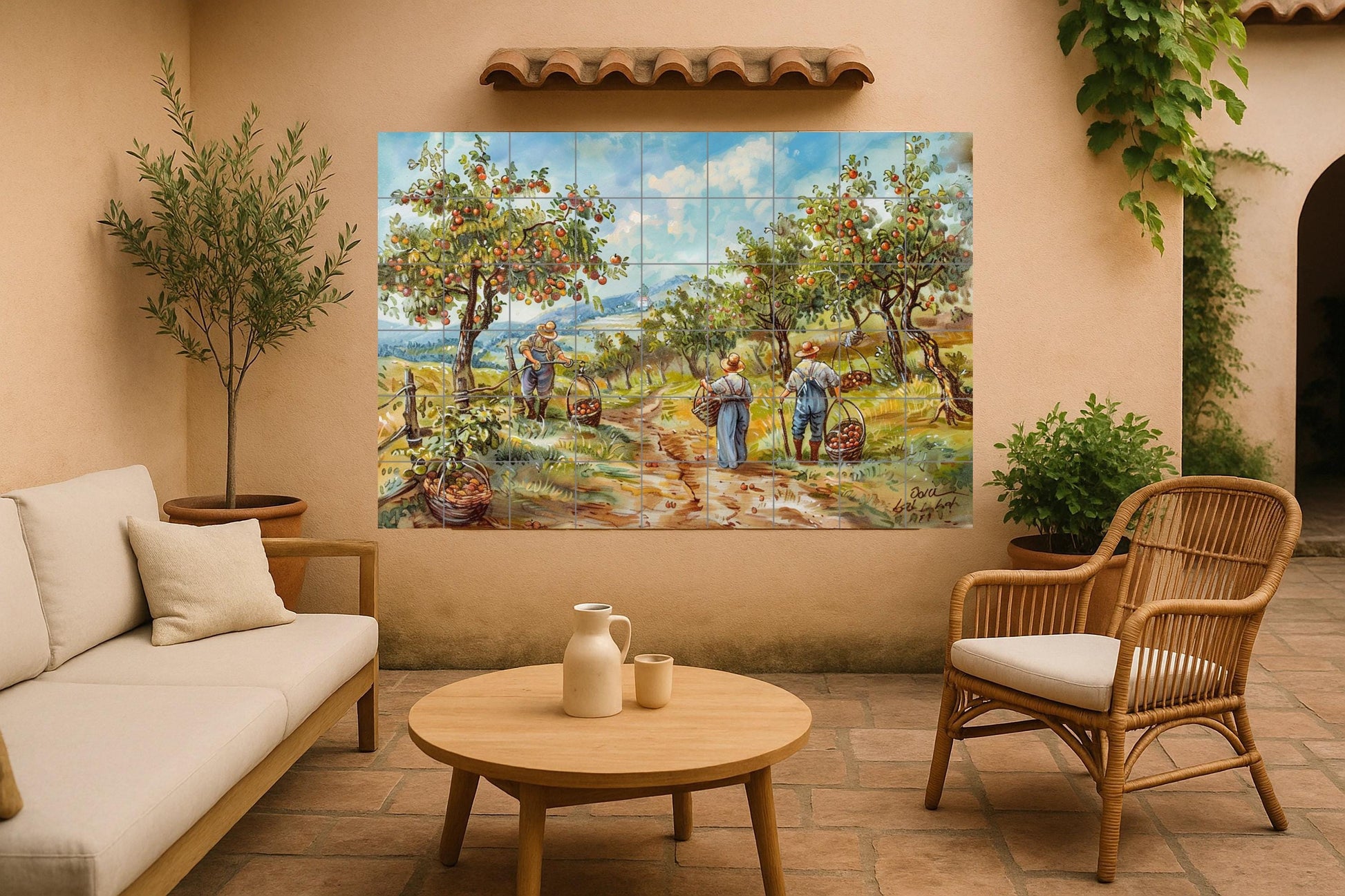 Huerto tirolés · Fresque Céramique — Scène de Cuisine et Campagne