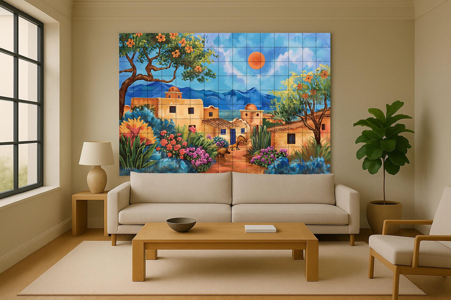 Coloré de un Village de adobe — Fresque Murale en Carreaux de Céramique · Décor Jardin et Nature