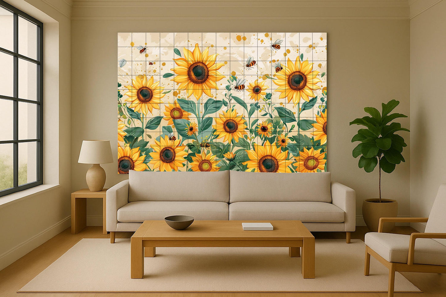 Api e Girasoli — Murale in Piastrelle di Ceramica · Arte Naturale da Parete