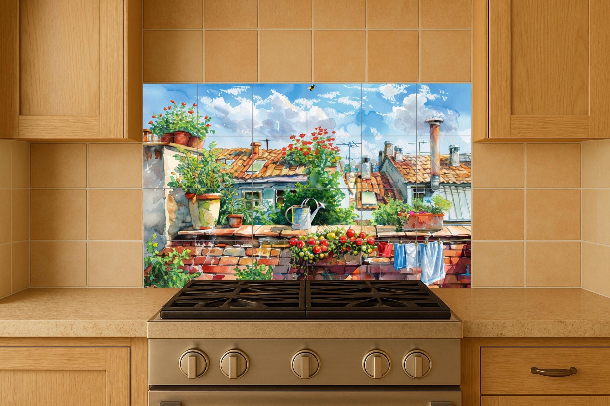 Méditerranéen en azotea · Fresque Céramique — Fleurs et Paysages