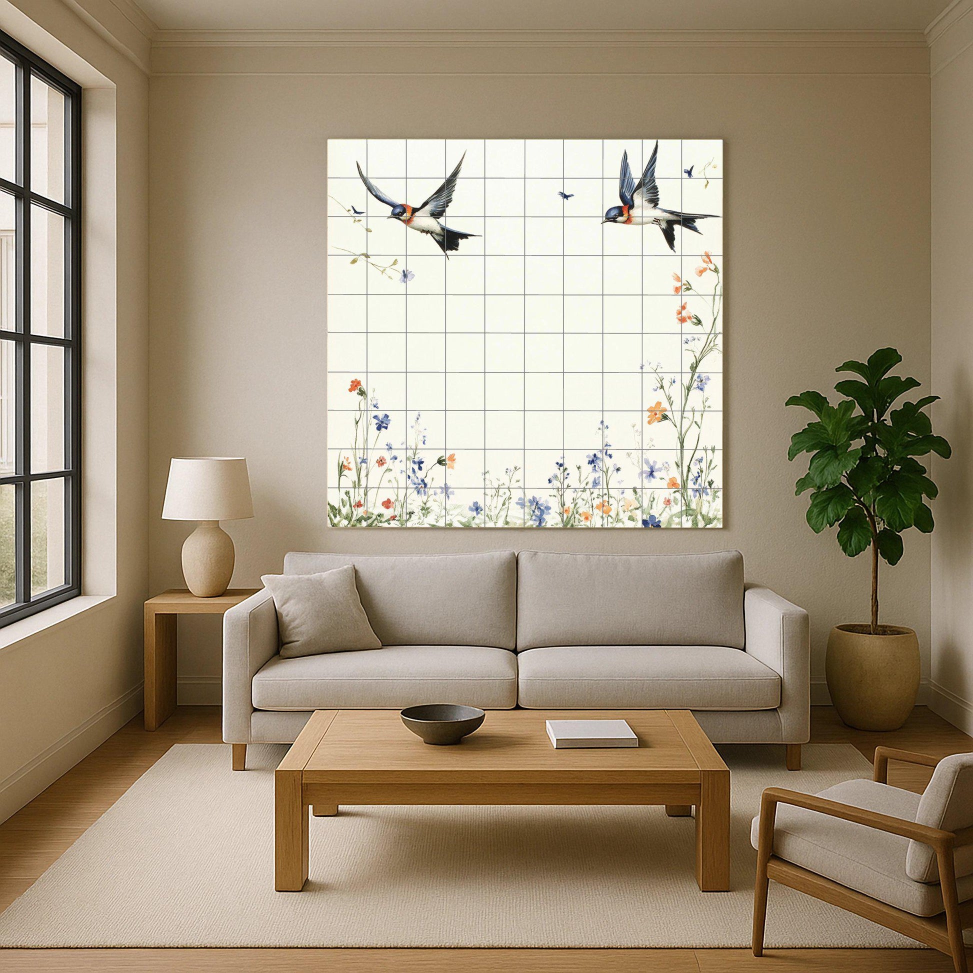 "Schwalben von Frühling — Fliesen-Wandbild aus Keramik · Botanische Landschaft