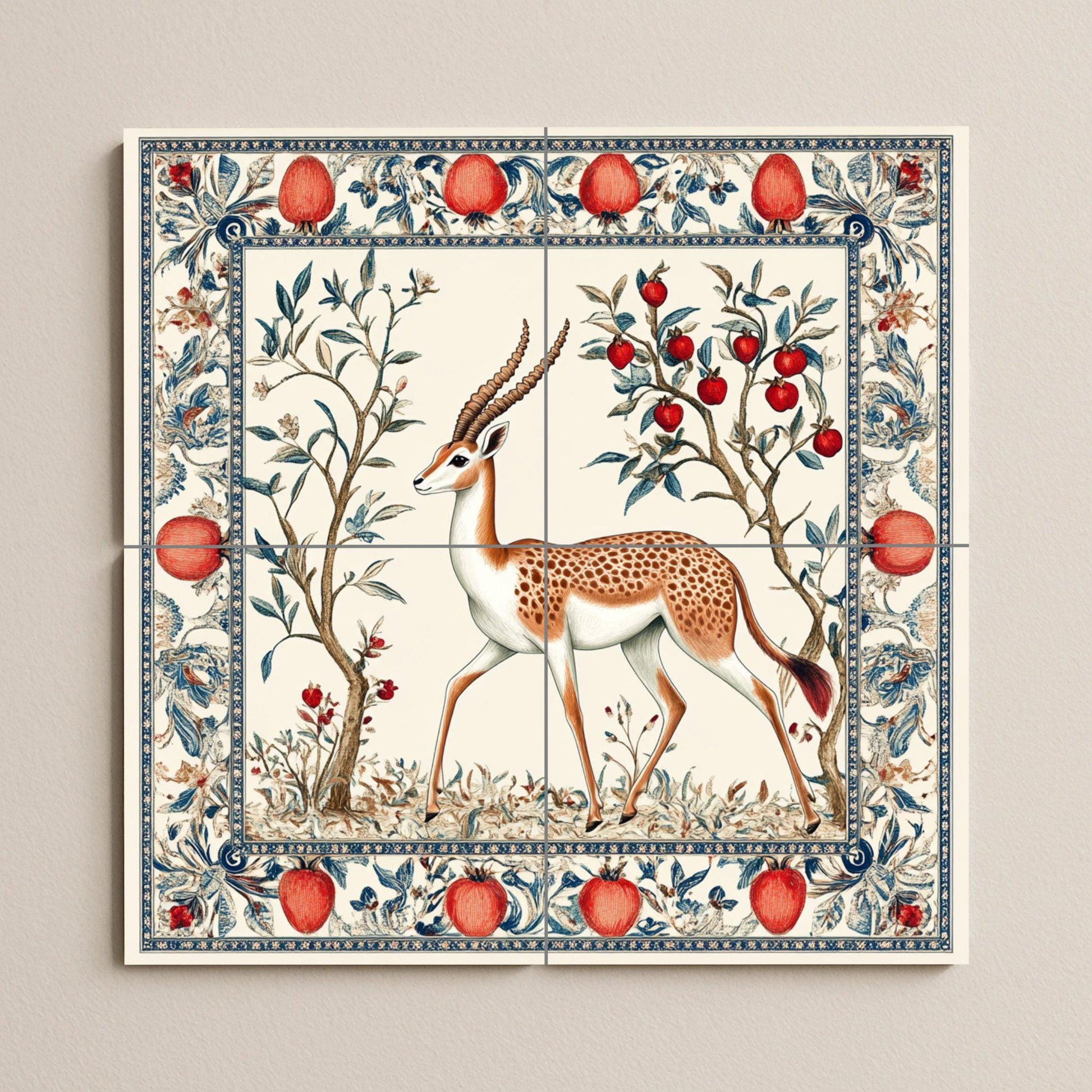 Gacela Persan — Fresque Murale en Carreaux de Céramique · Scène de Cuisine et Campagne
