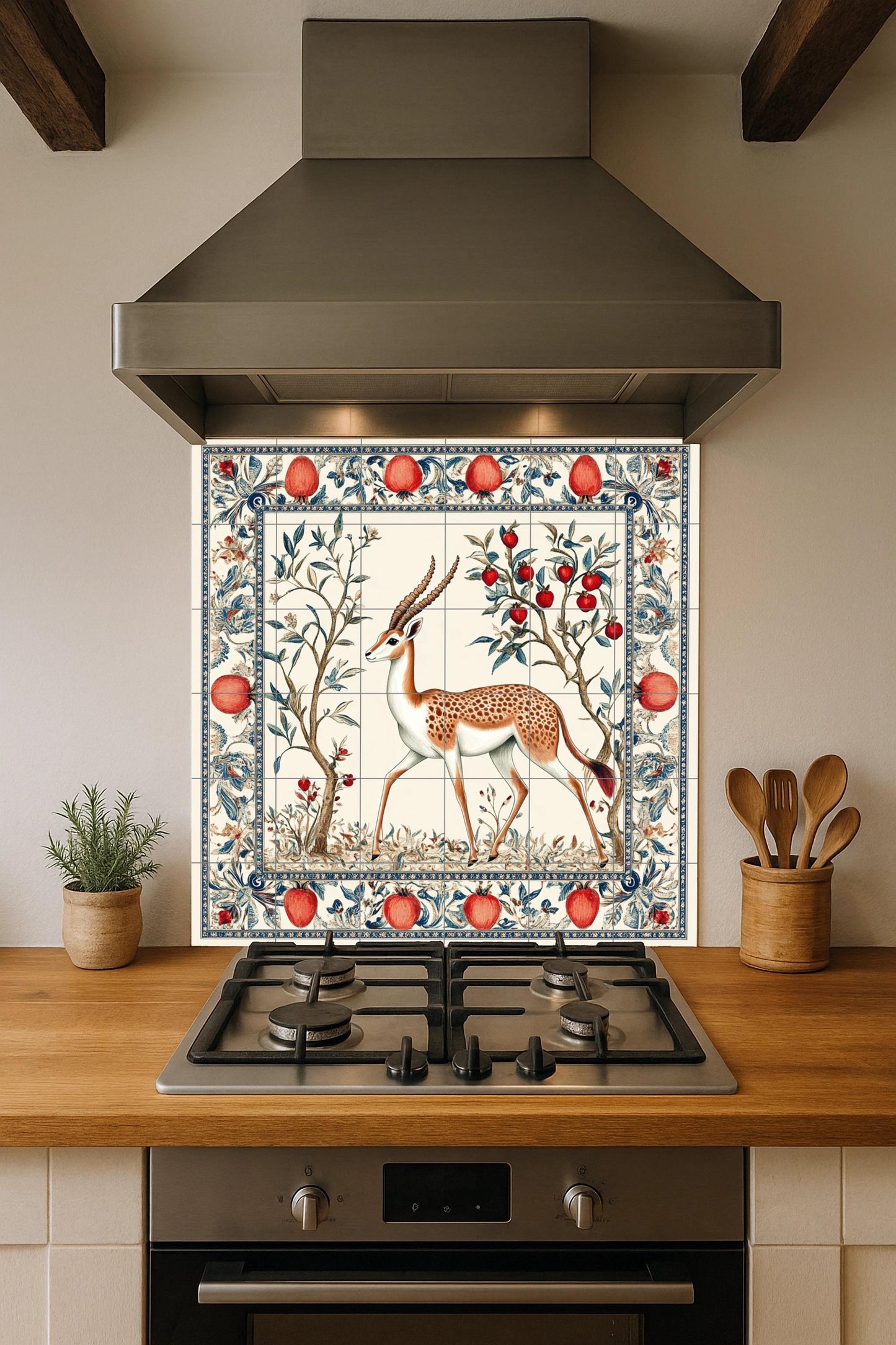 Gacela Persan — Fresque Murale en Carreaux de Céramique · Scène de Cuisine et Campagne