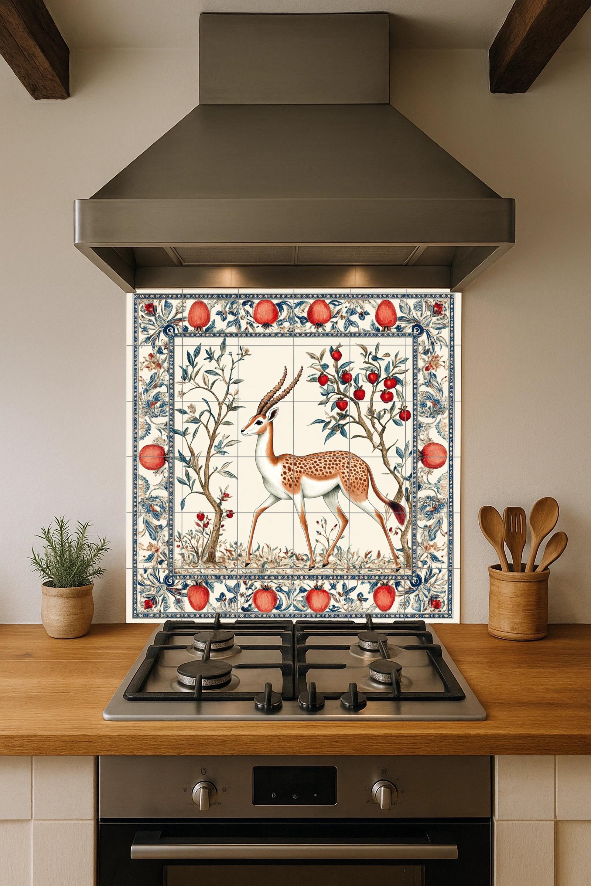 Gacela Persan — Fresque Murale en Carreaux de Céramique · Scène de Cuisine et Campagne