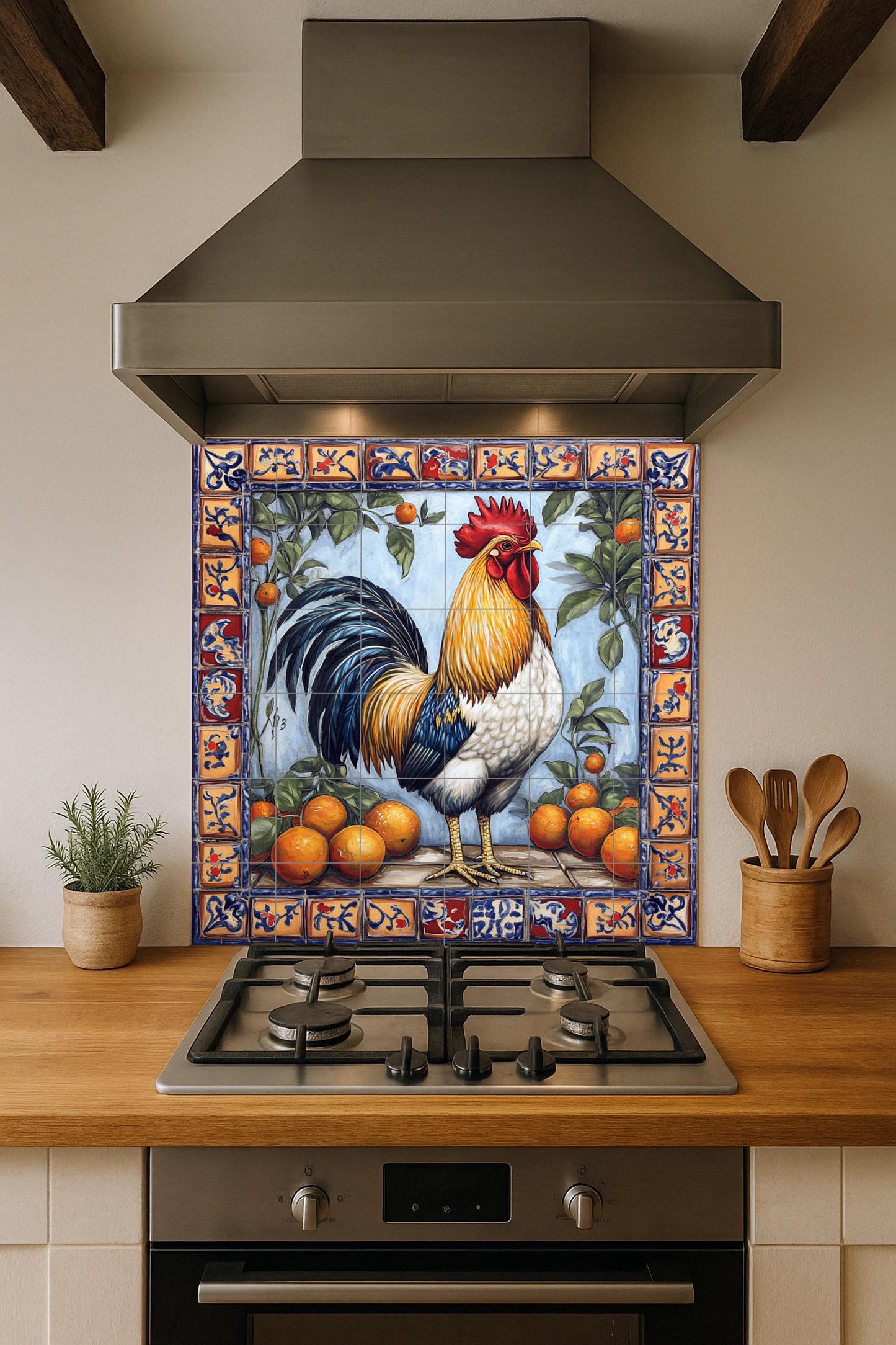 Gallo Mediterraneo · Murale Ceramico — Cucina di Campagna