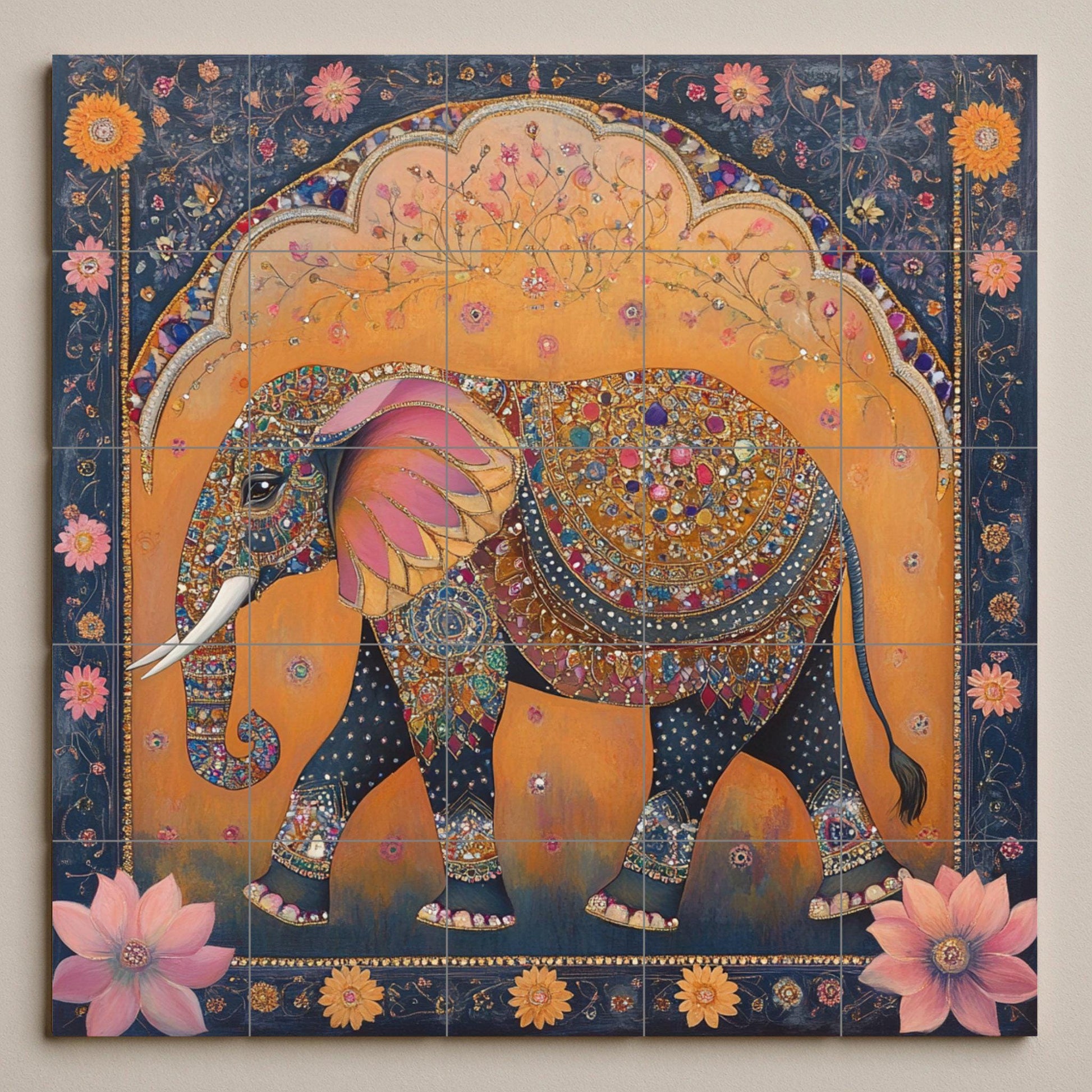 Elefantes di la Reale Jaipur · Murale Ceramico — Pannello Ornamentale