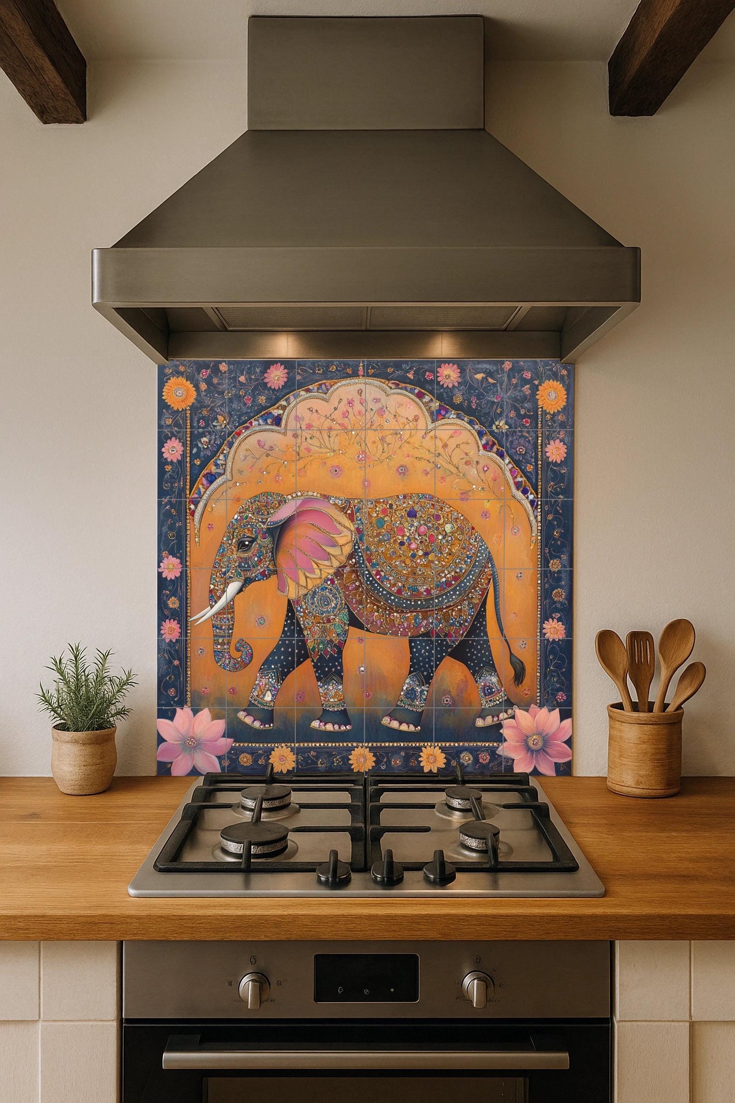 Elefantes di la Reale Jaipur · Murale Ceramico — Pannello Ornamentale