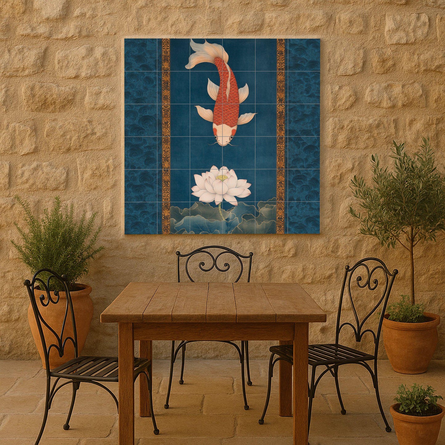 Fresque en Carrelage Loto et koi — Décor Jardin et Nature