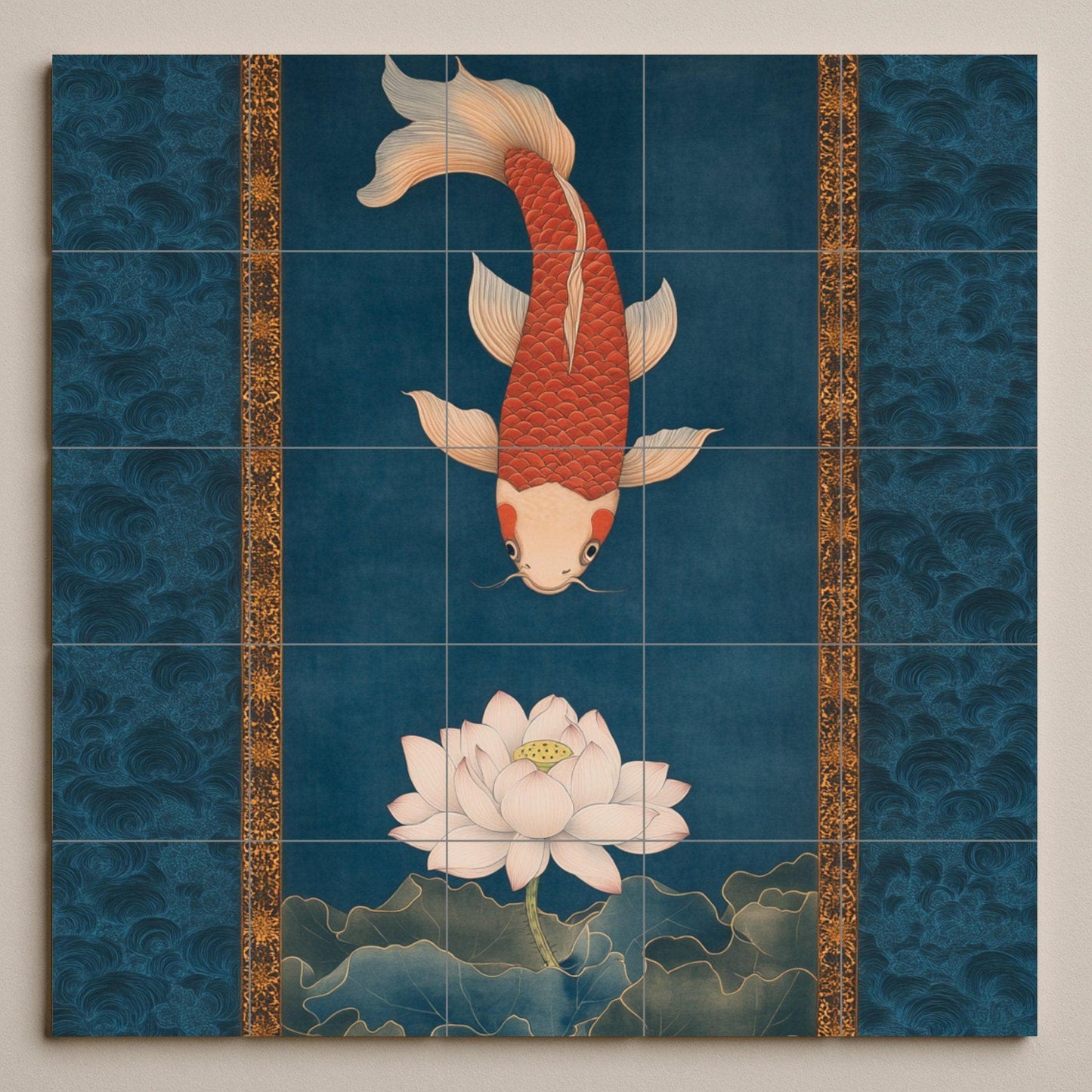 Fresque en Carrelage Loto et koi — Décor Jardin et Nature