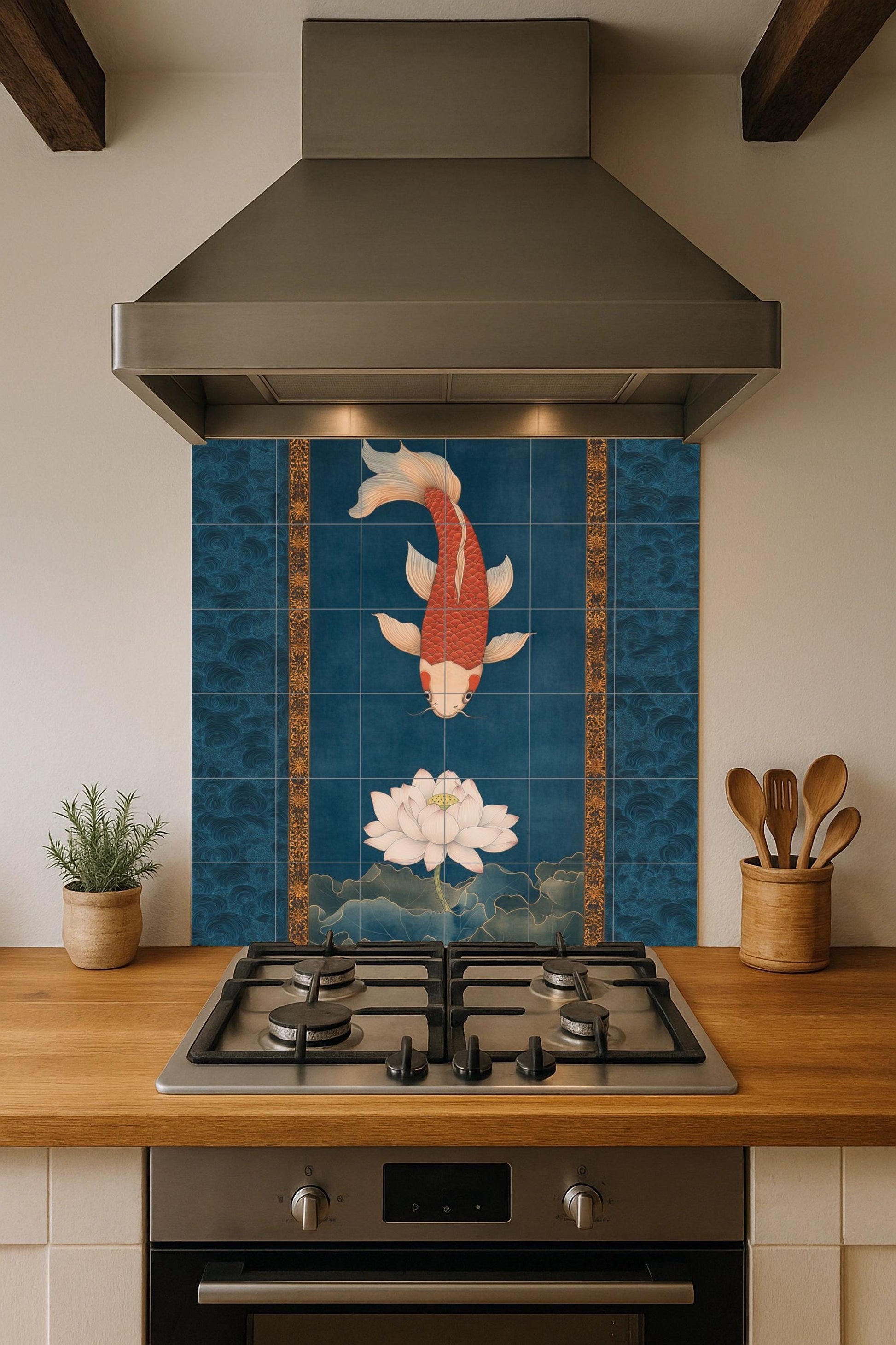 Fresque en Carrelage Loto et koi — Décor Jardin et Nature
