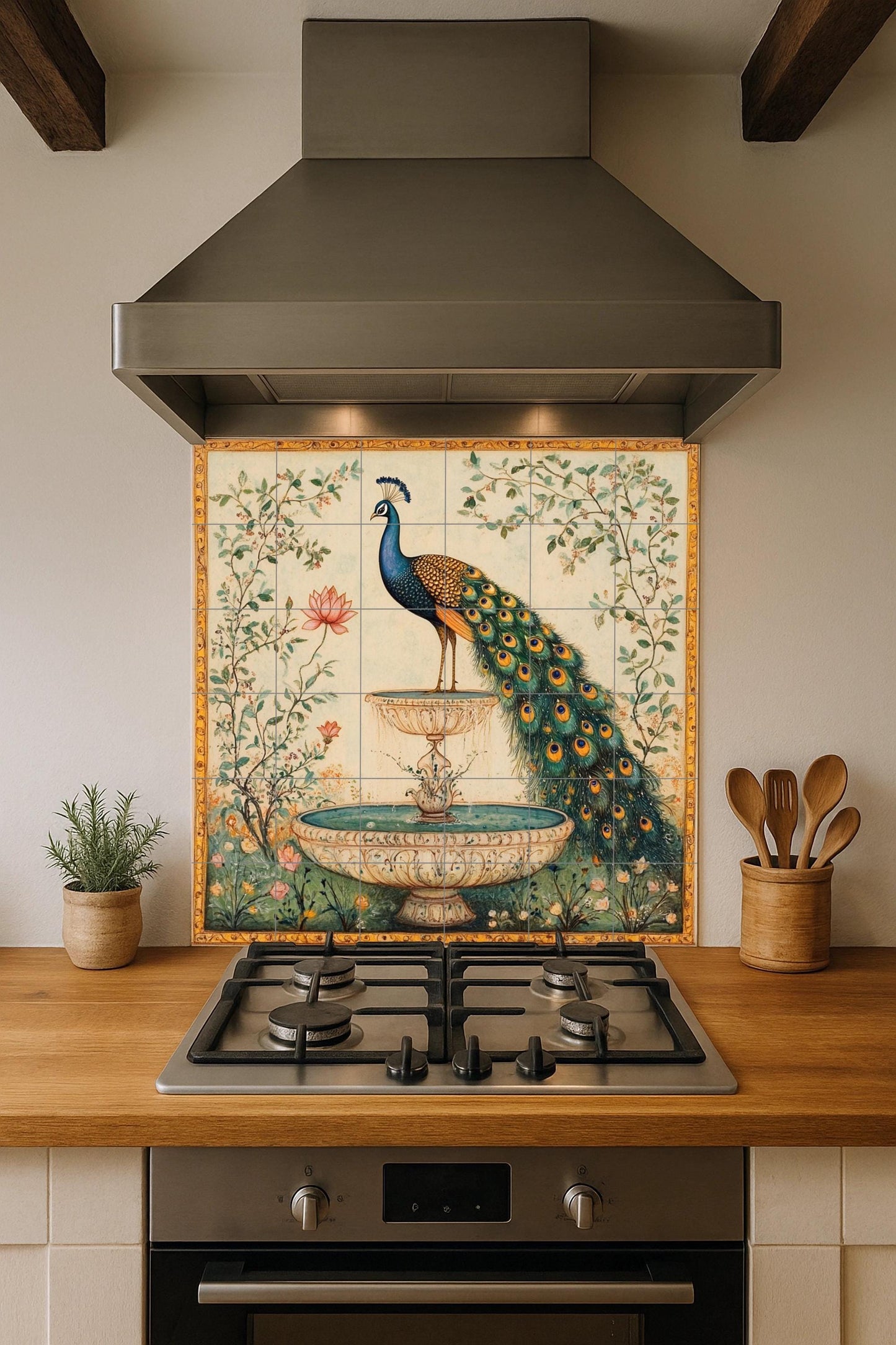 Fuente de Paon Indien — Fresque Murale en Carreaux de Céramique · Décor Jardin et Nature
