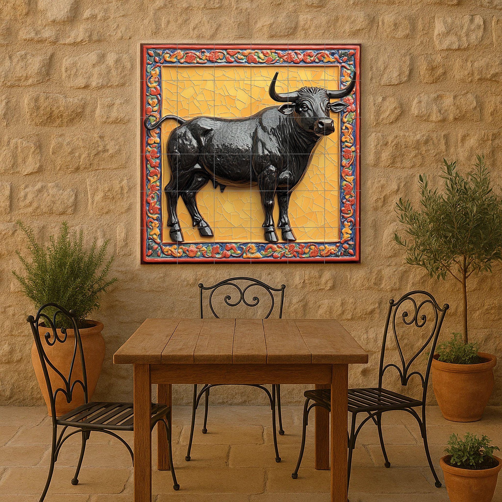 Ein Stier majestuoso · Keramik-Wandbild — Fauna-Fliesenkunst