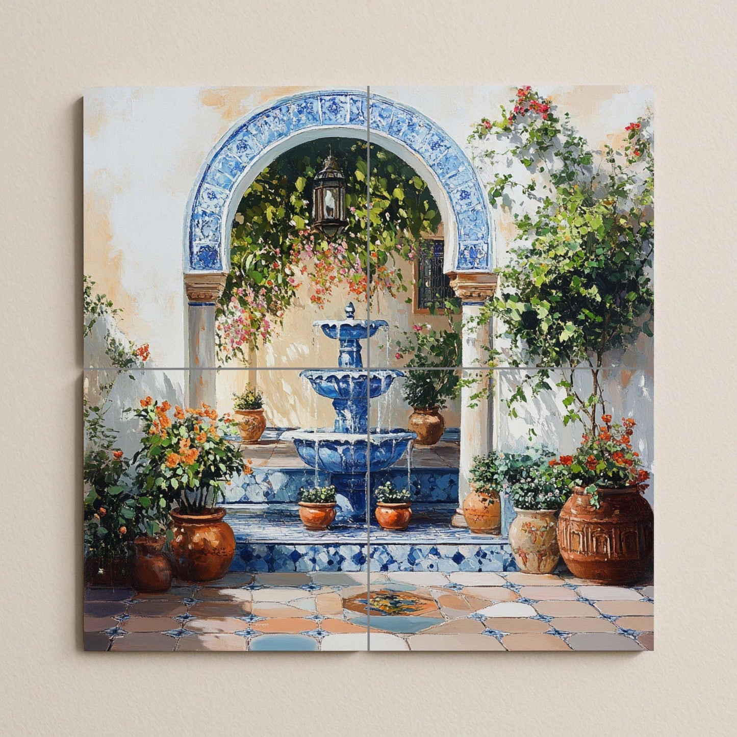 Mural de fuente en patio mediterráneo
