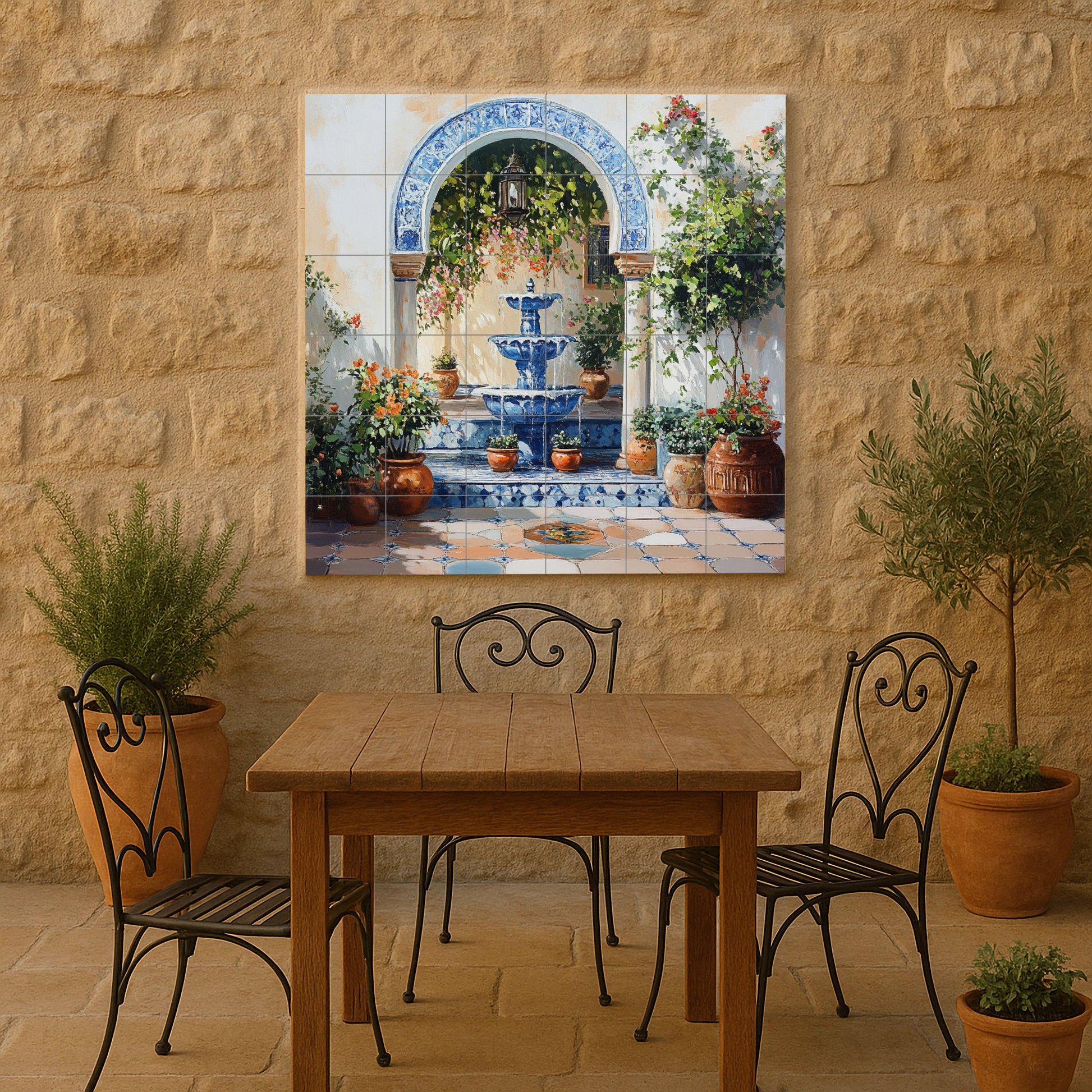 Mural de fuente en patio mediterráneo