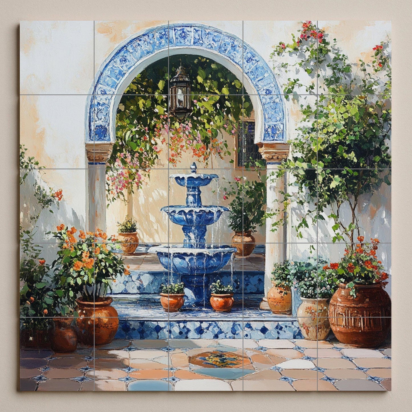 Mural de fuente en patio mediterráneo