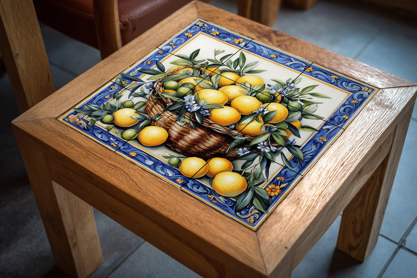 Mural cerámico con cesta de limones y naranjas