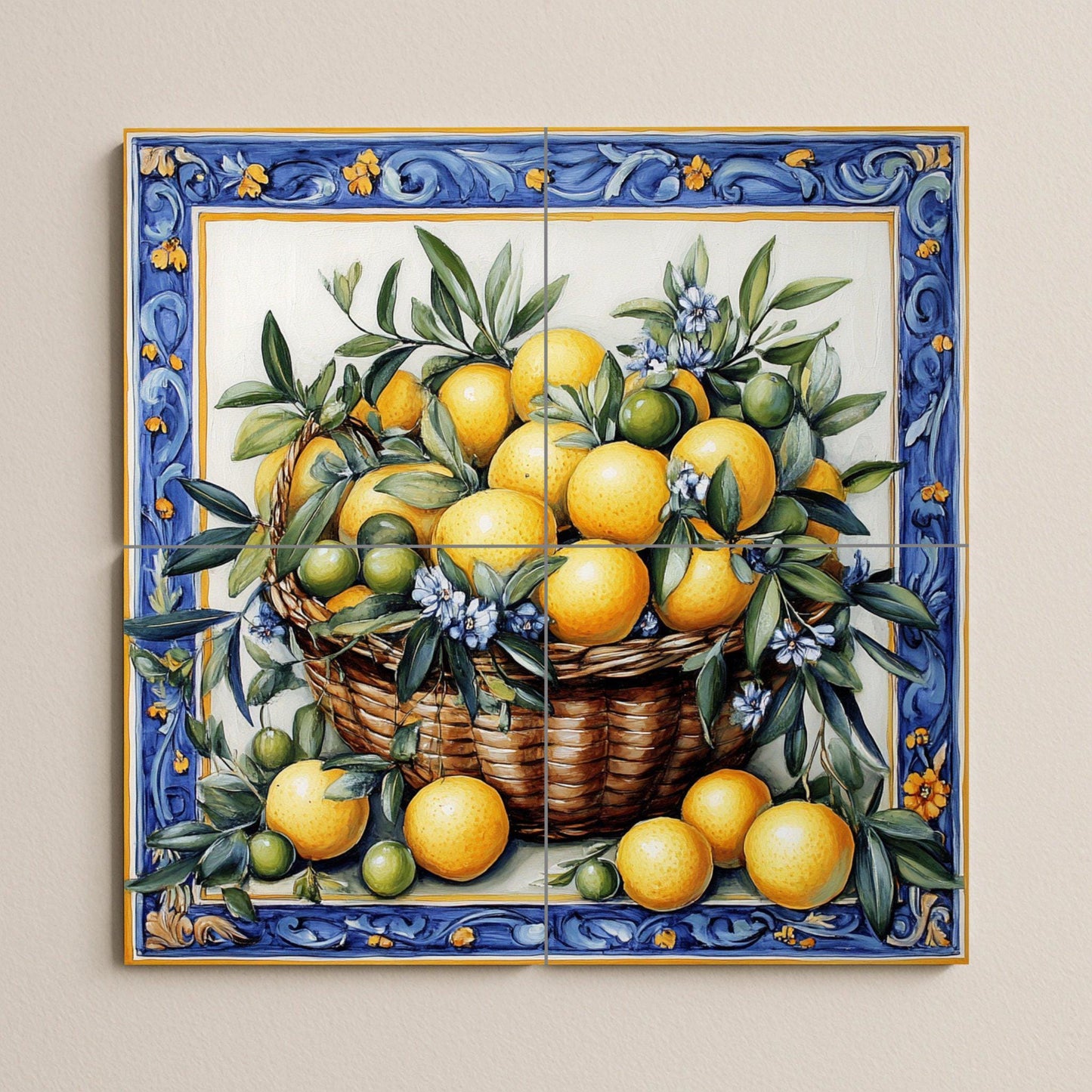 Mural cerámico con cesta de limones y naranjas