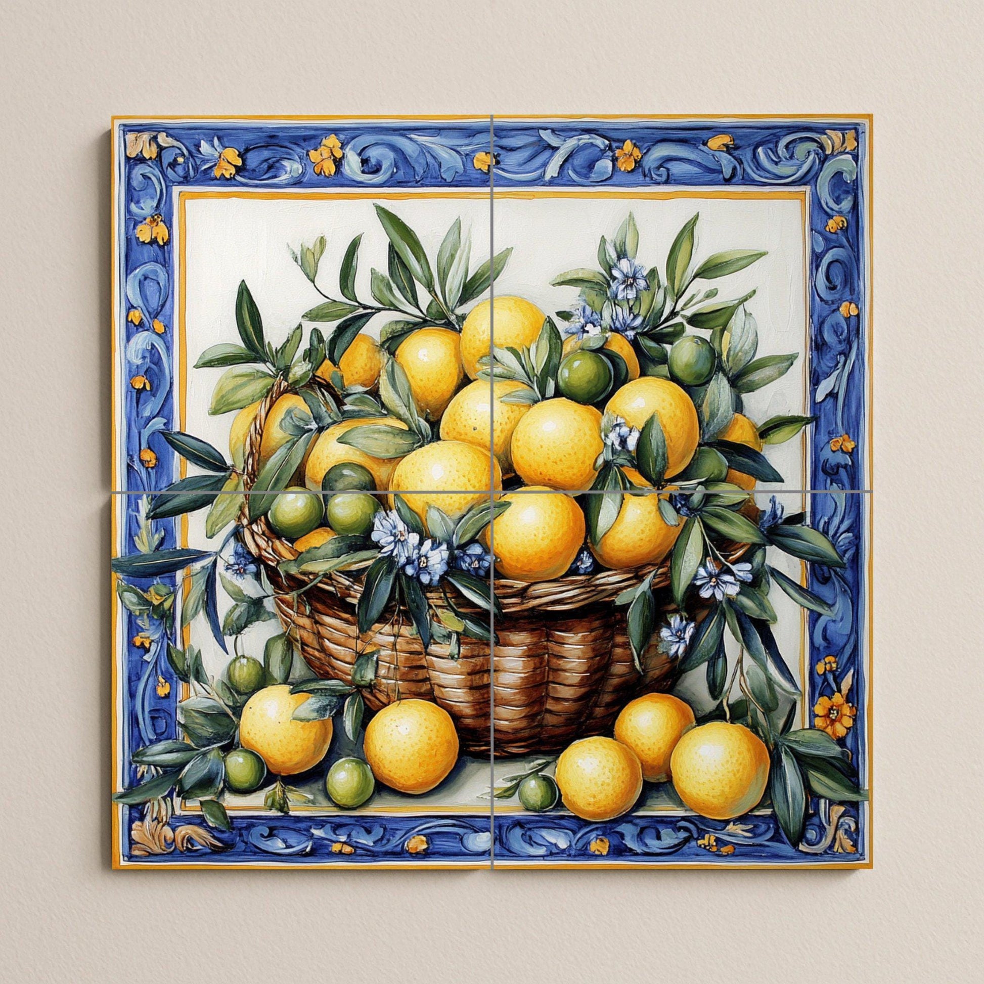 Mural cerámico con cesta de limones y naranjas
