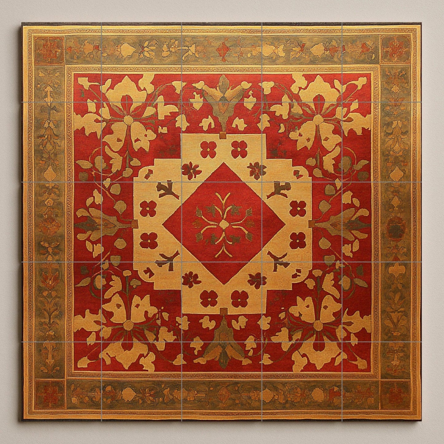 Mural de cerámica armenia con motivos de cruces, rosetas doradas…