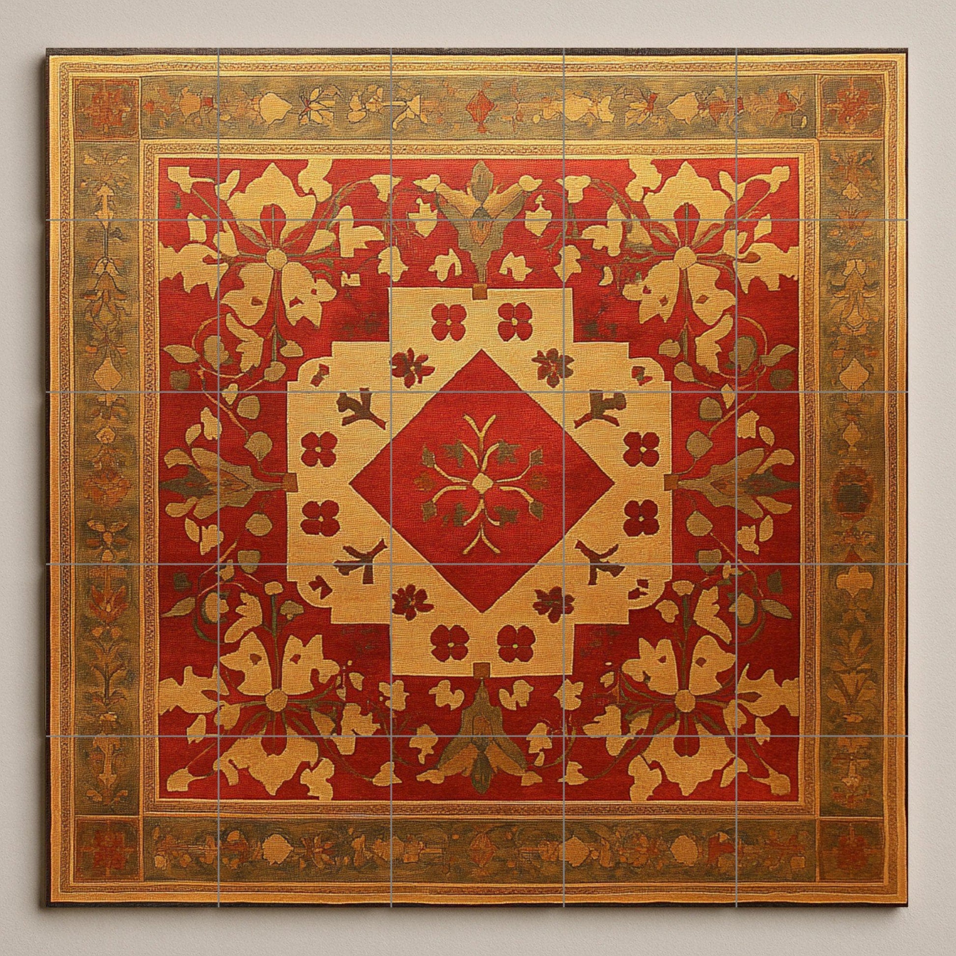 Mural de cerámica armenia con motivos de cruces, rosetas doradas…