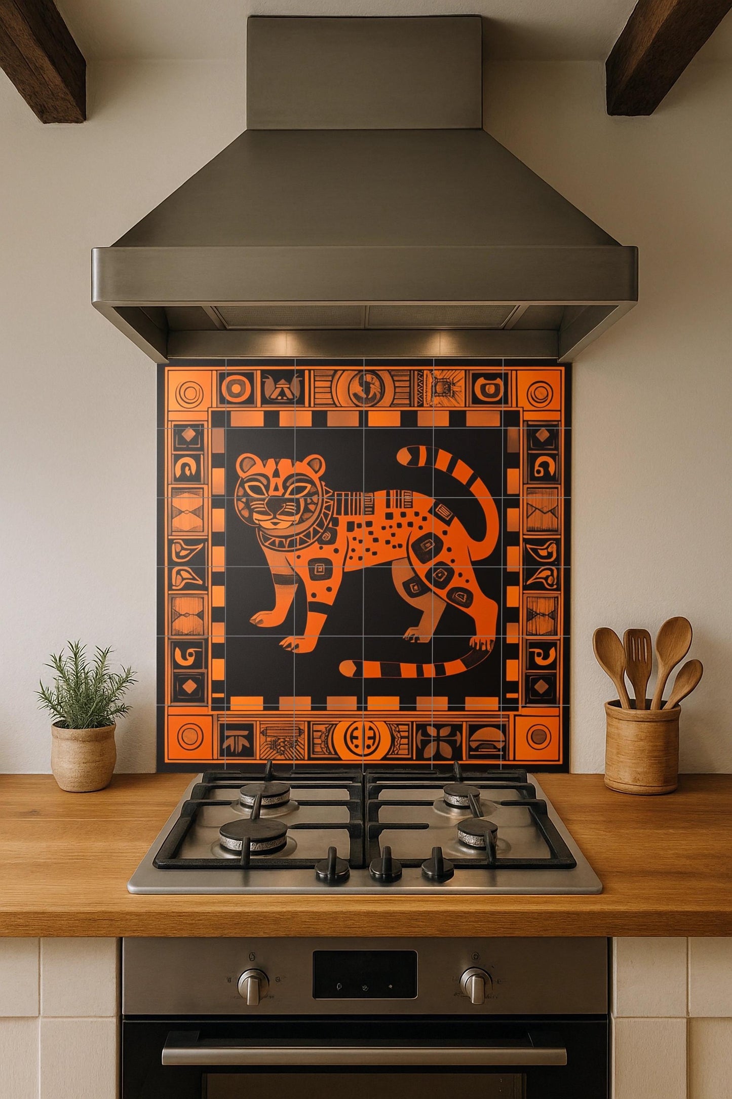 Mural de cerámica de jaguar azteca en naranja quemado y negro, arte…