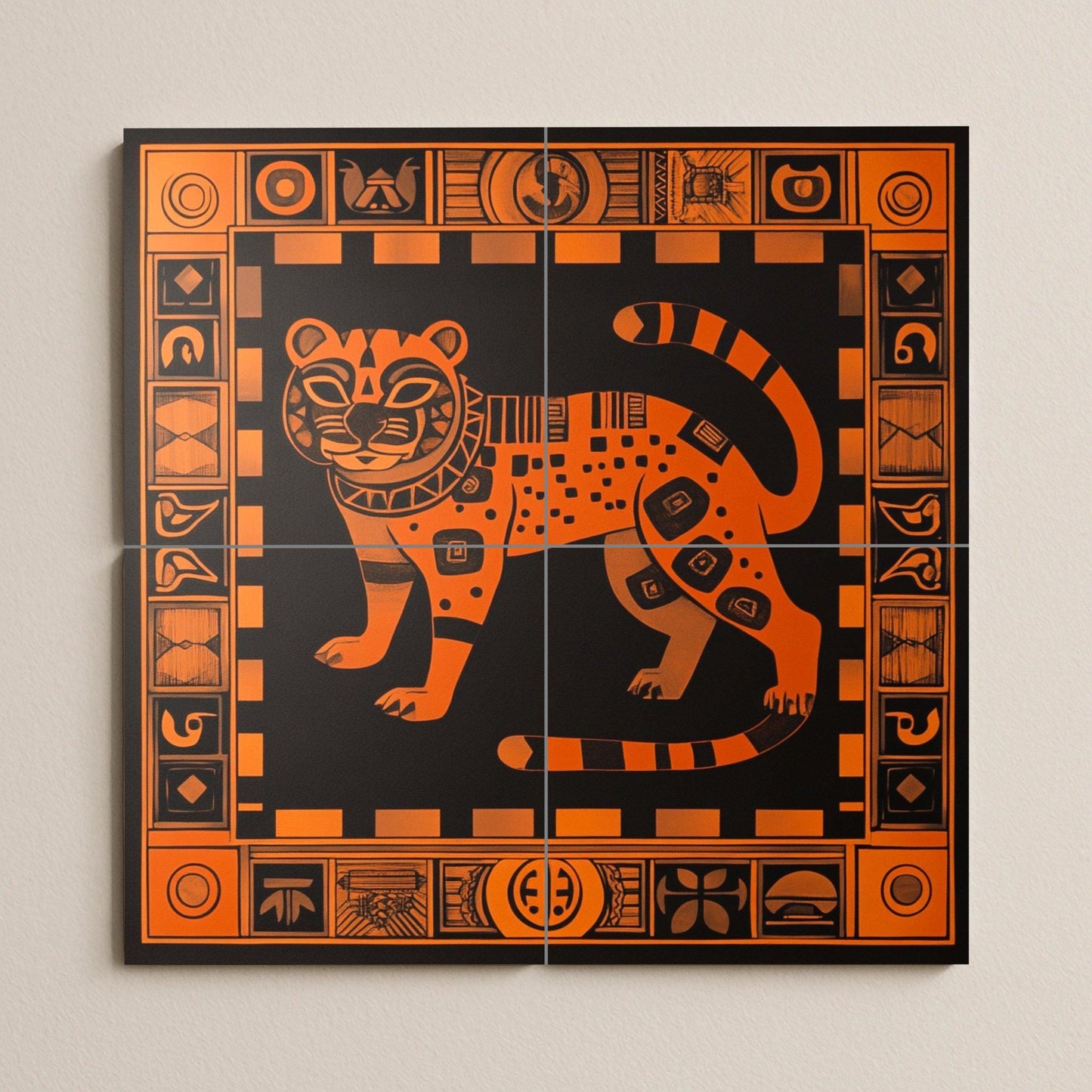 Mural de cerámica de jaguar azteca en naranja quemado y negro, arte…