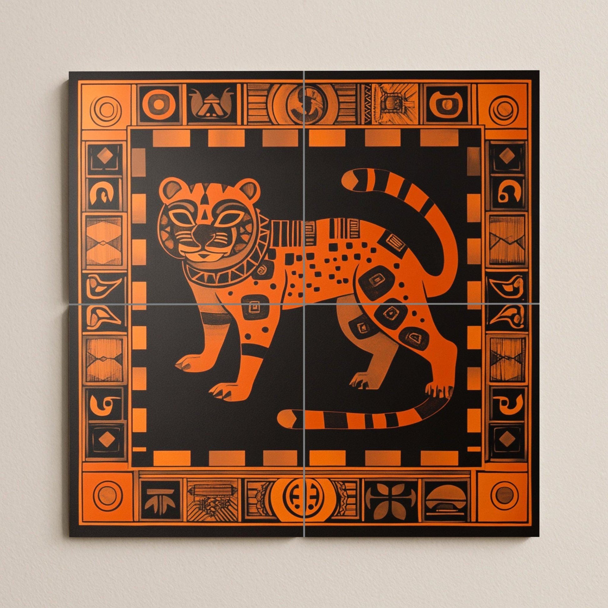 Mural de cerámica de jaguar azteca en naranja quemado y negro, arte…