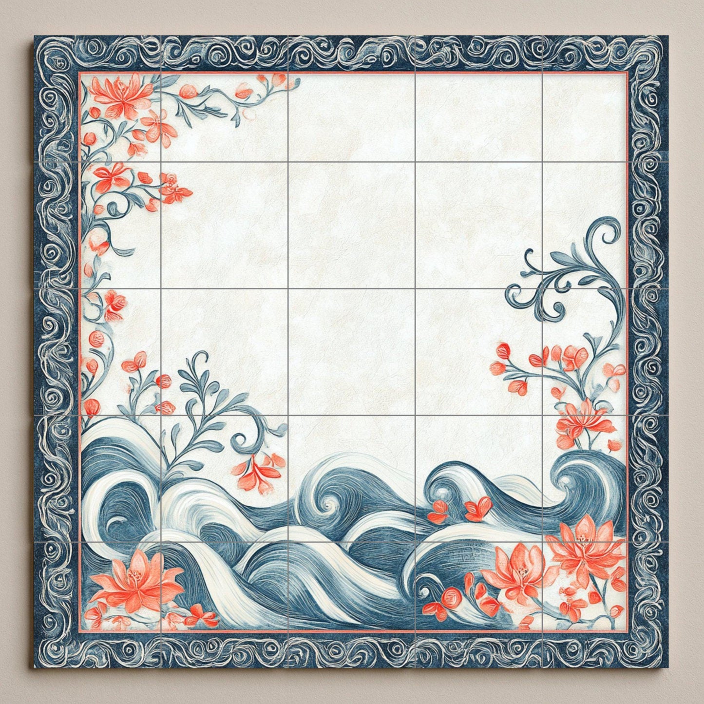 Motivos de perlas bahreiníes, flores de coral, olas marina — Décor Jardin et Nature, Art Mural en Céramique