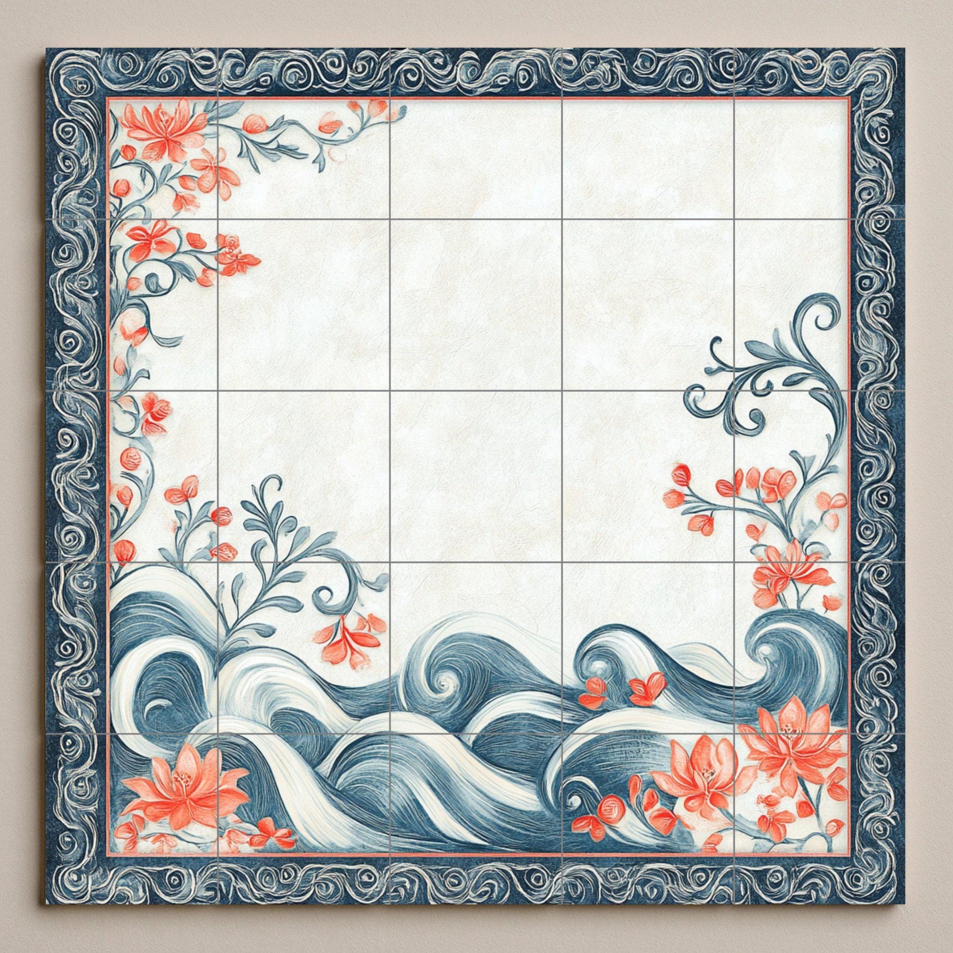 Motivos de perlas bahreiníes, flores de coral, olas marina — Décor Jardin et Nature, Art Mural en Céramique