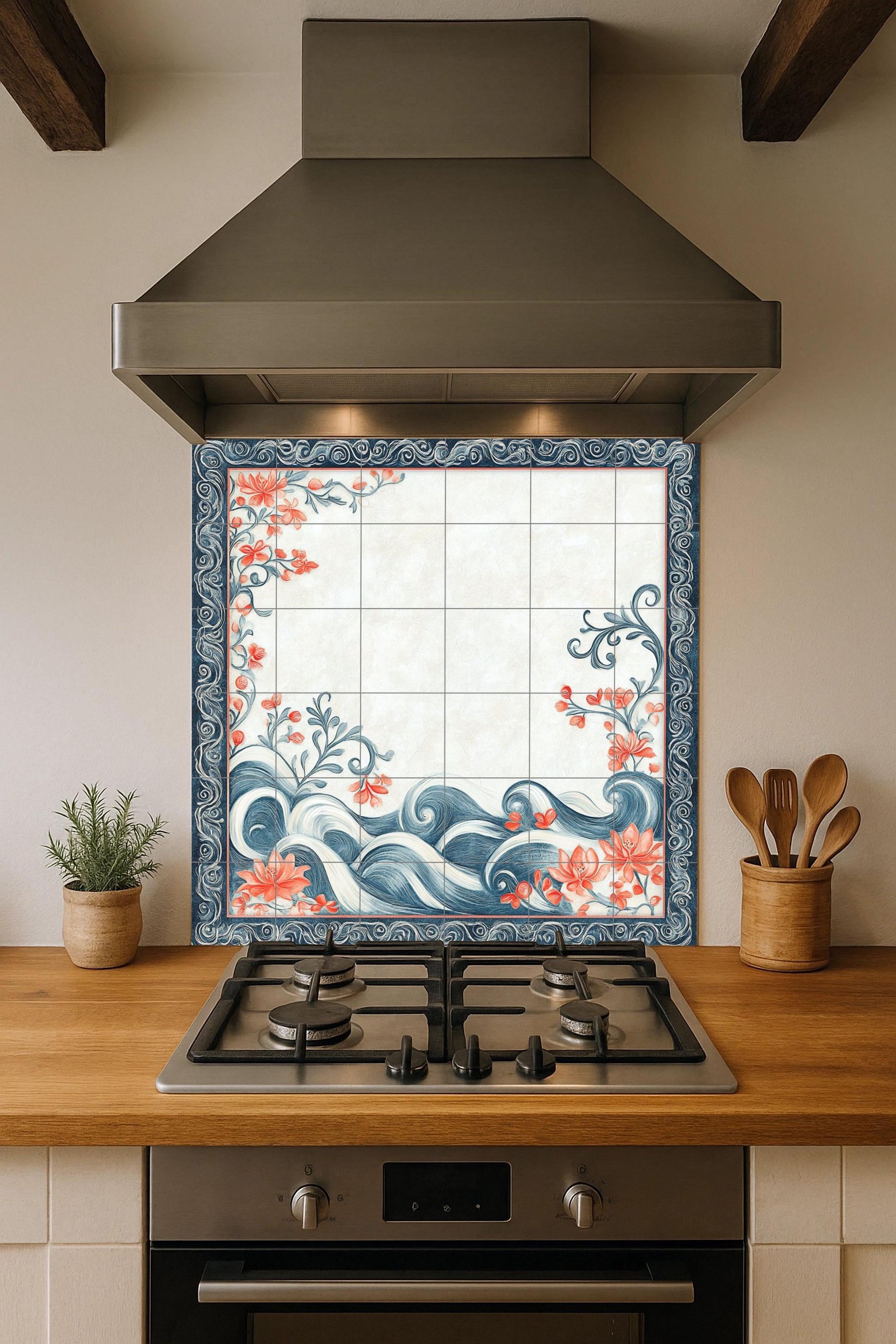 Motivos de perlas bahreiníes, flores de coral, olas marina — Décor Jardin et Nature, Art Mural en Céramique