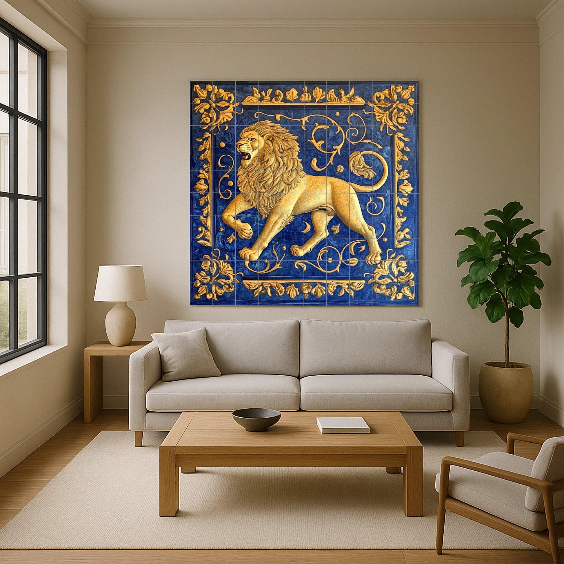 Lion Doré · Fresque Céramique — Art Animalier en Carreaux