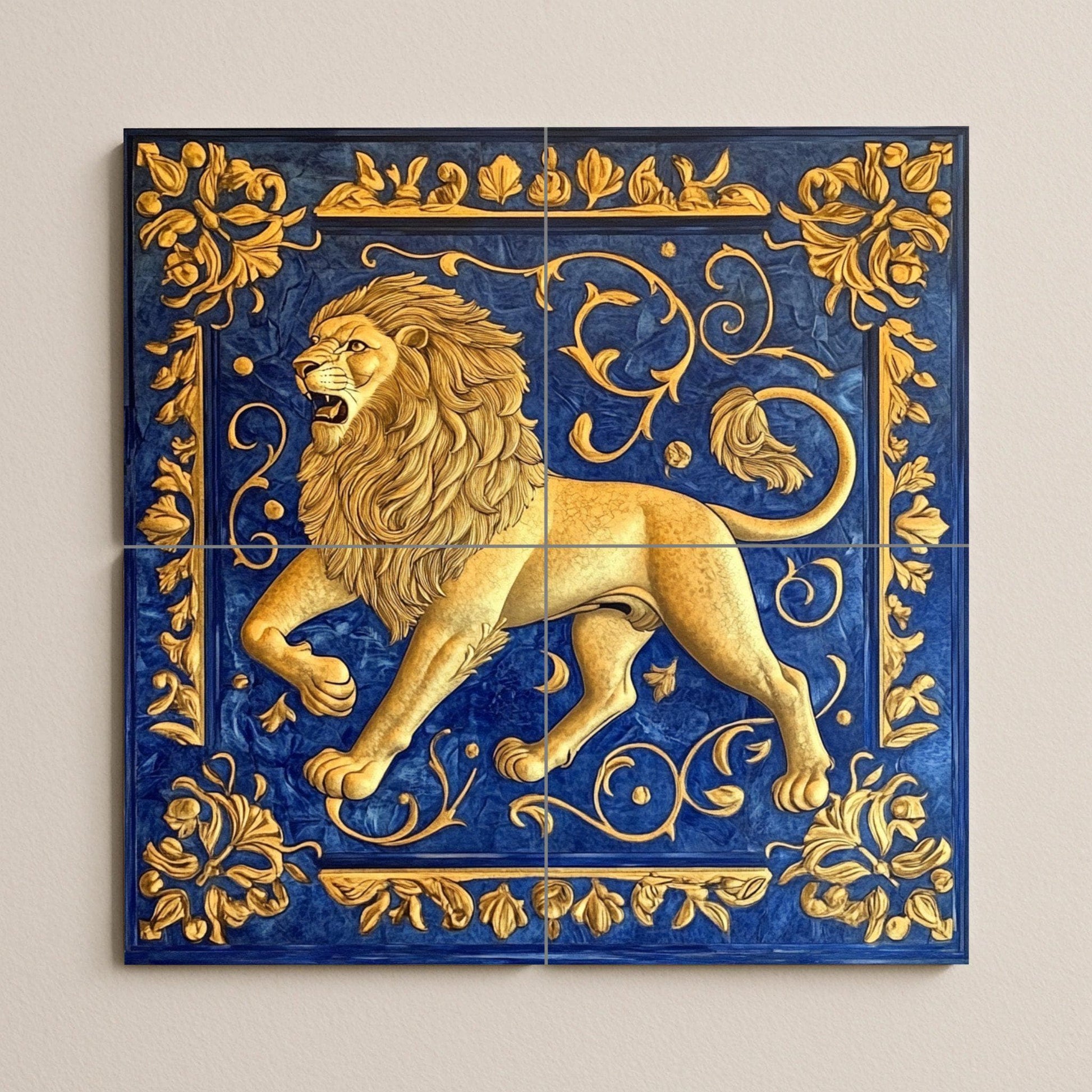 Lion Doré · Fresque Céramique — Art Animalier en Carreaux