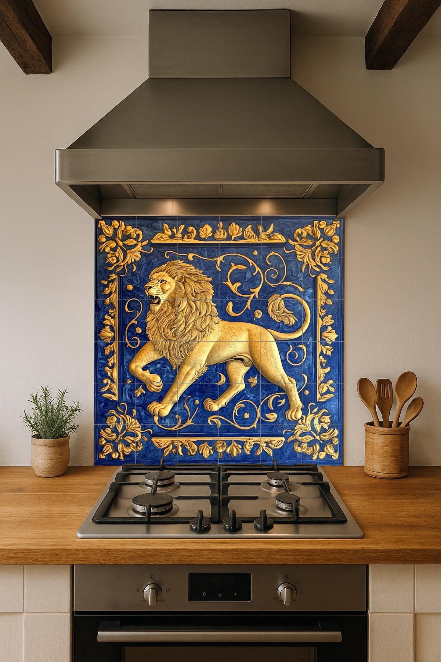 Lion Doré · Fresque Céramique — Art Animalier en Carreaux