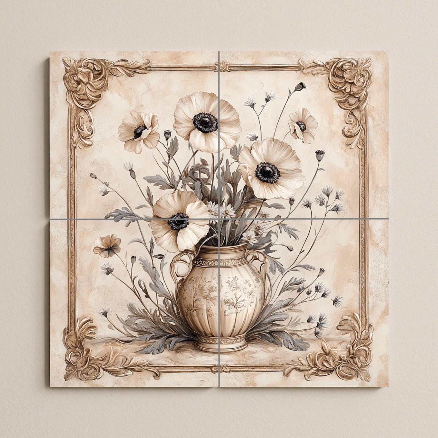 Elegante mural floral de cerámica