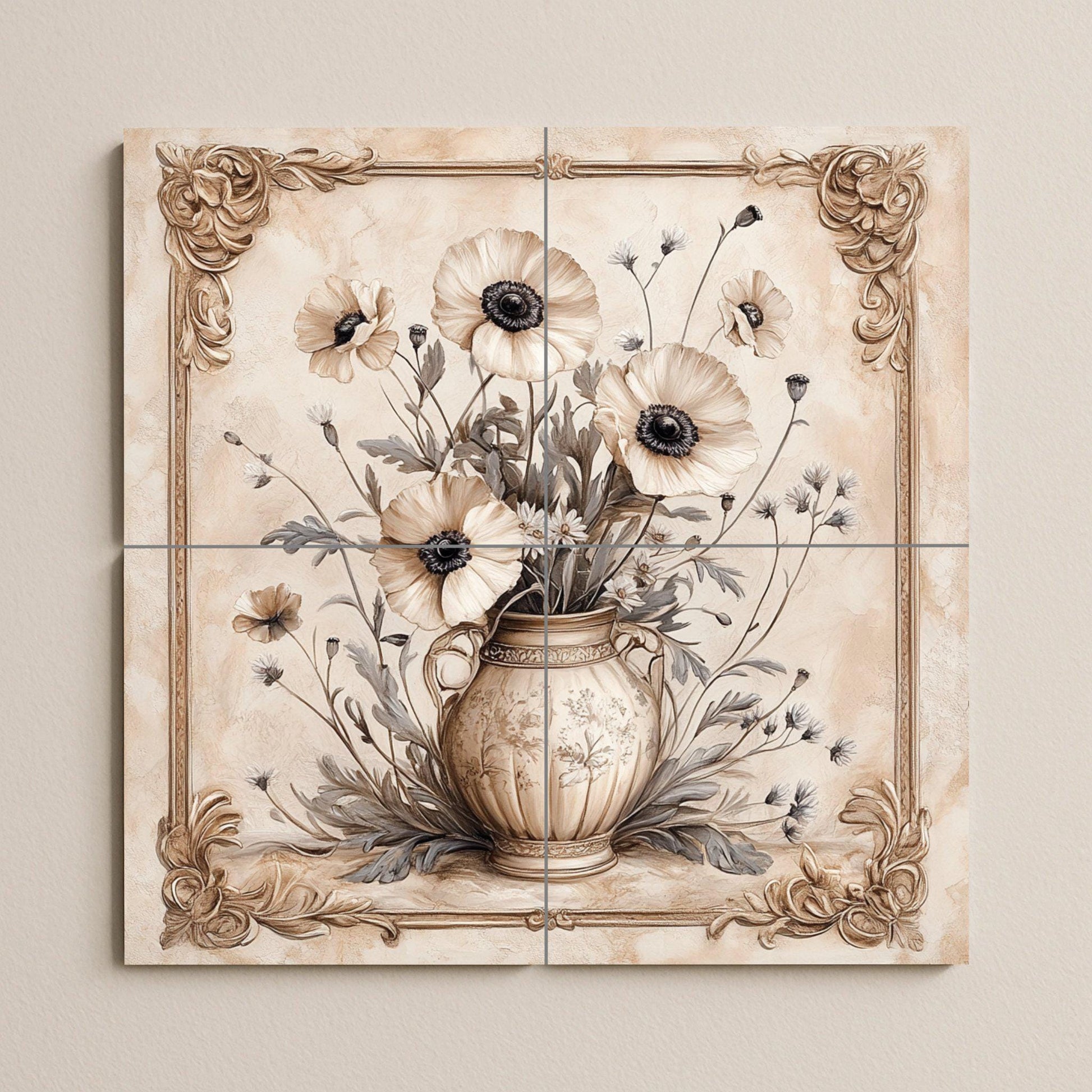 Elegante mural floral de cerámica